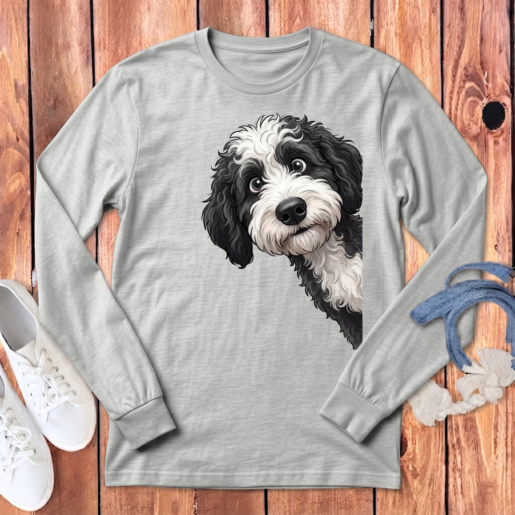 Funny Sheepadoodle Peeking Long Sleeve T-Shirt in Athletic Heather / S by Puppy Jo