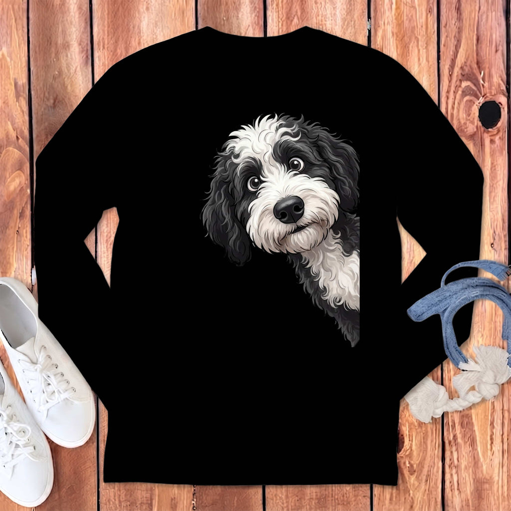 Funny Sheepadoodle Peeking Long Sleeve T-Shirt in Black / S by Puppy Jo