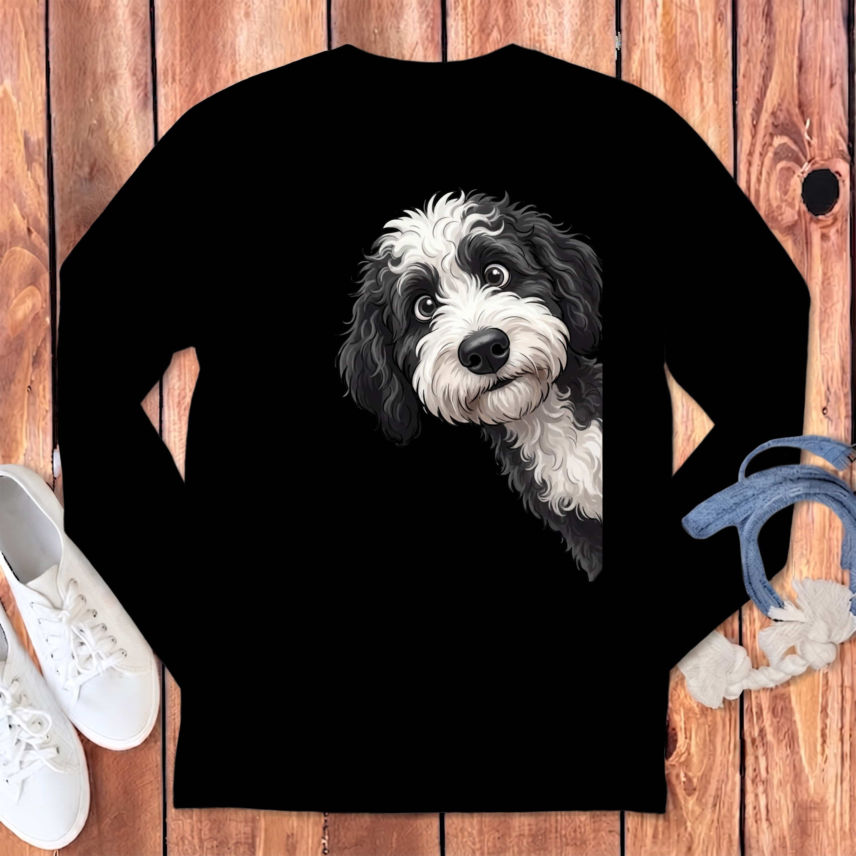 Funny Sheepadoodle Peeking Long Sleeve T-Shirt in Black / S by Puppy Jo