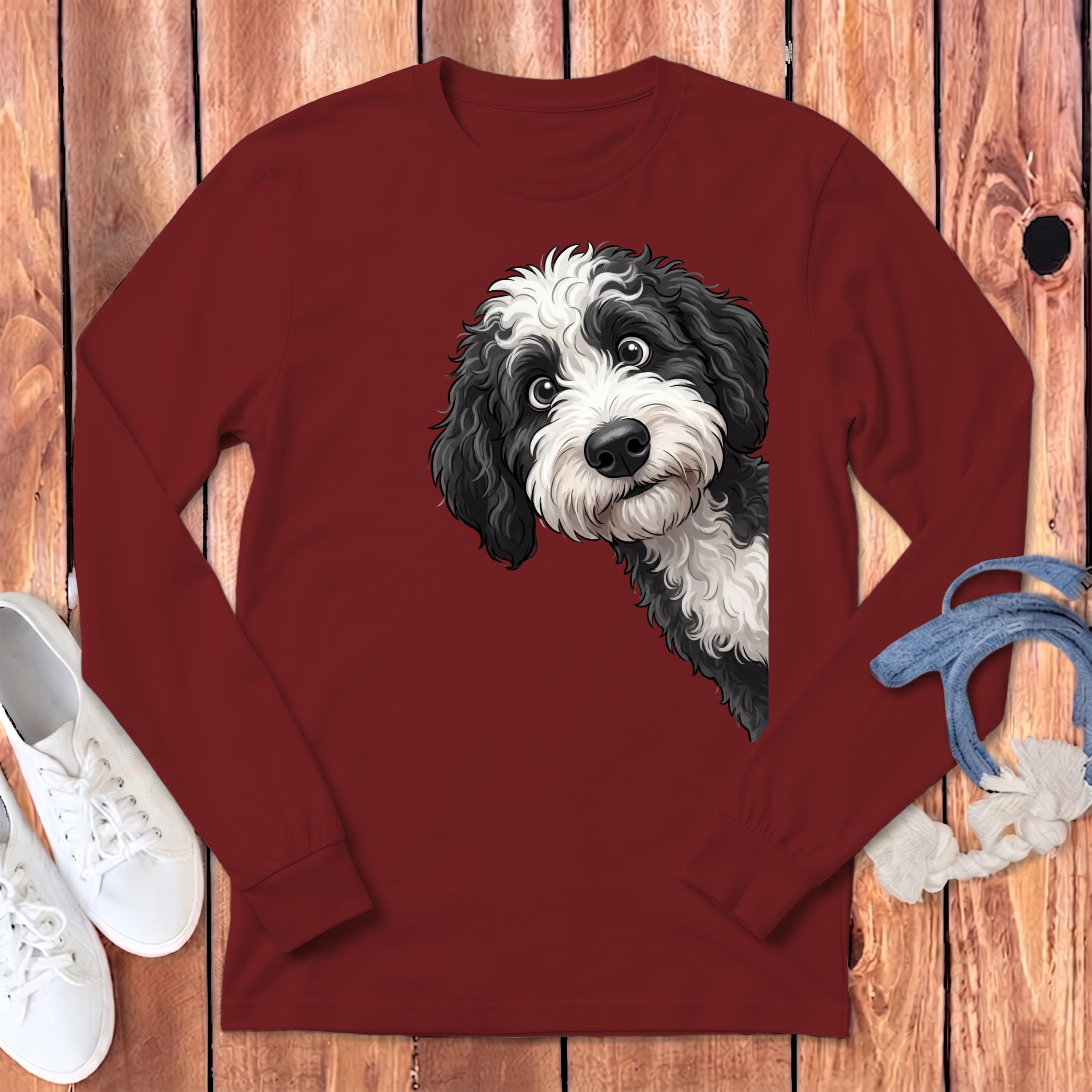 Funny Sheepadoodle Peeking Long Sleeve T-Shirt in Cardinal / S by Puppy Jo
