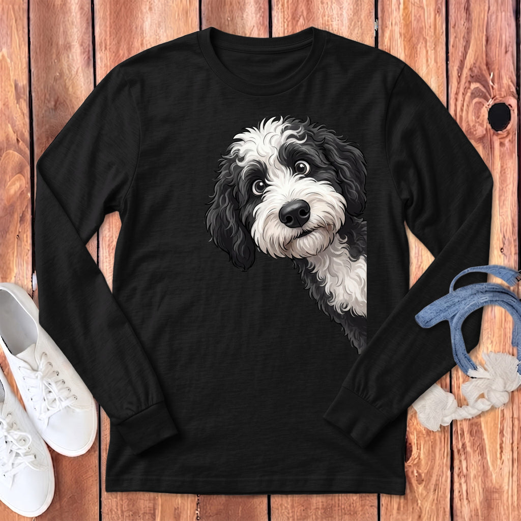 Funny Sheepadoodle Peeking Long Sleeve T-Shirt in Dark Grey Heather / S by Puppy Jo