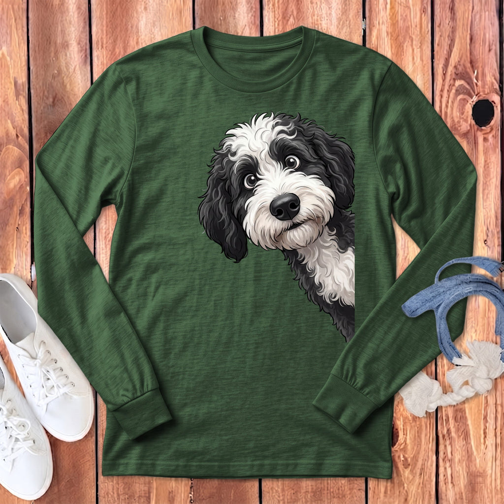 Funny Sheepadoodle Peeking Long Sleeve T-Shirt in Heather Forest / S by Puppy Jo