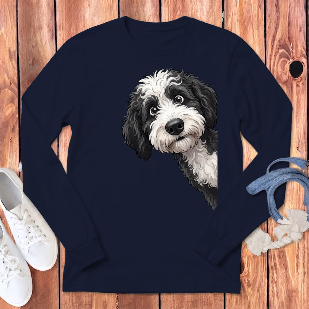 Funny Sheepadoodle Peeking Long Sleeve T-Shirt in Navy / S by Puppy Jo