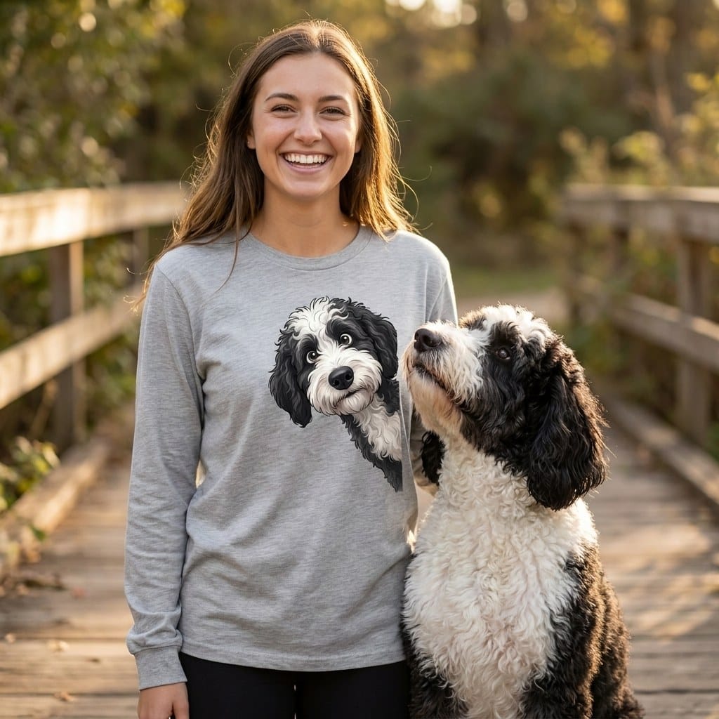 Funny Sheepadoodle Peeking Long Sleeve T-Shirt in by Puppy Jo