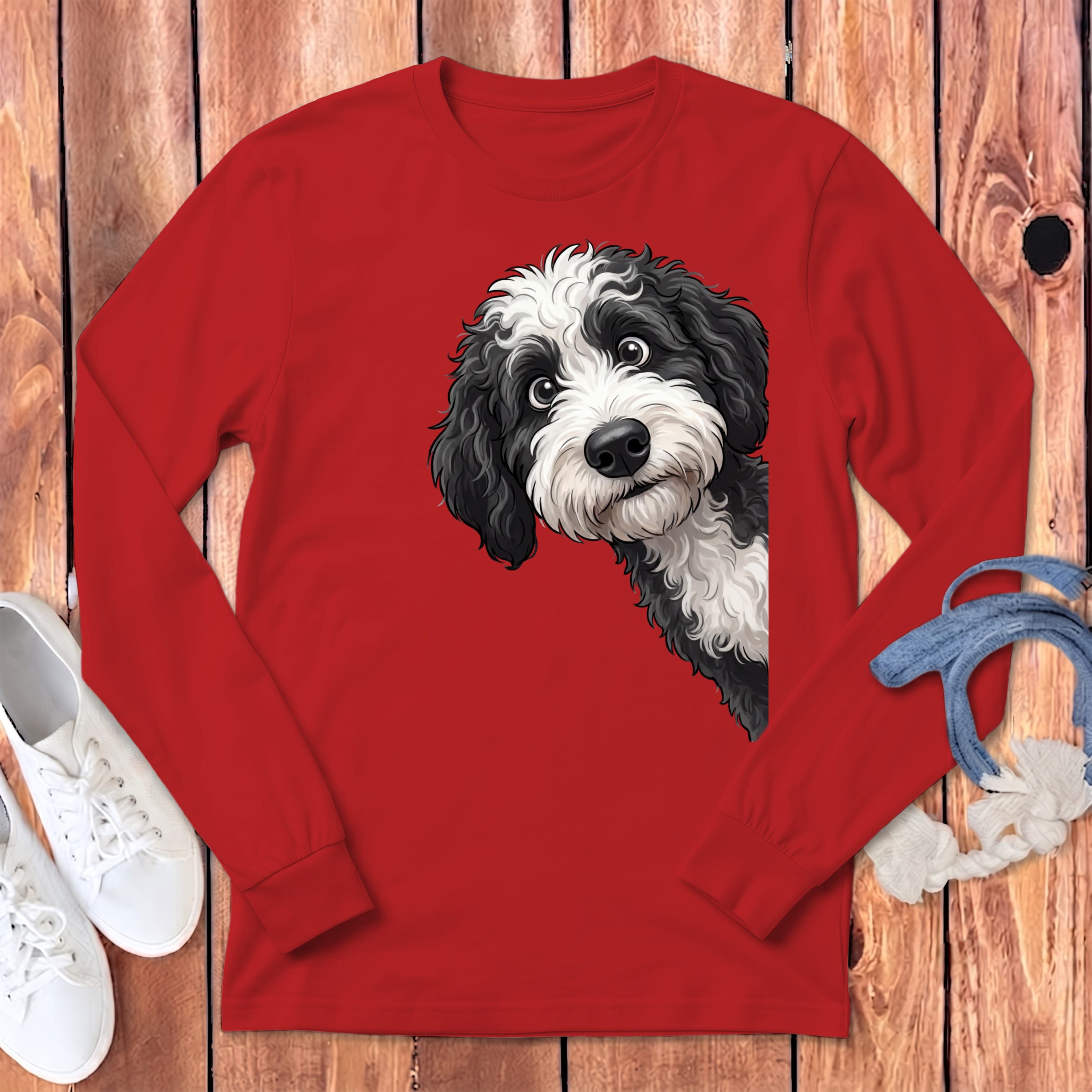 Funny Sheepadoodle Peeking Long Sleeve T-Shirt in Red / S by Puppy Jo