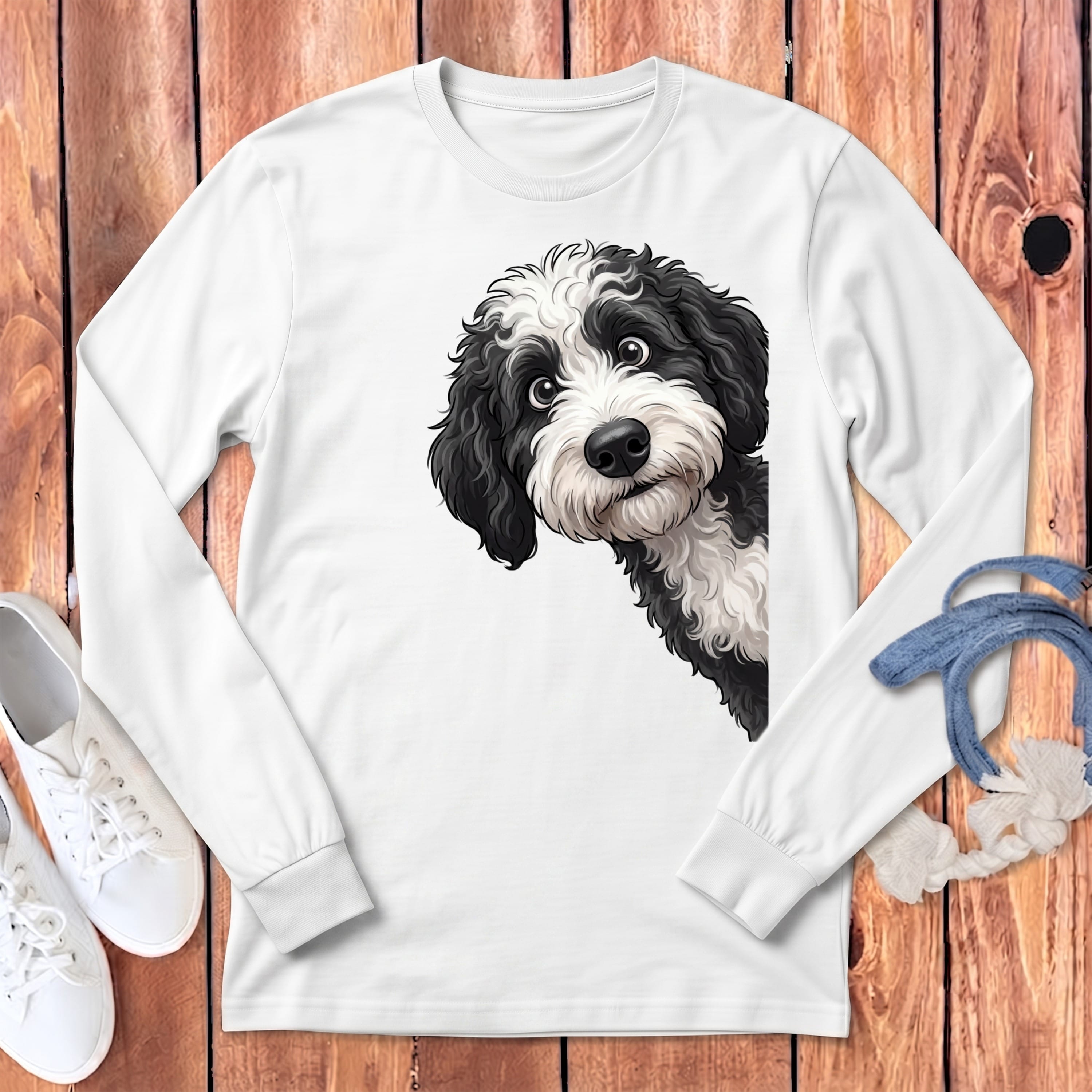 Funny Sheepadoodle Peeking Long Sleeve T-Shirt in White / S by Puppy Jo