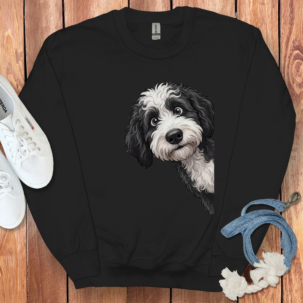 Funny Sheepadoodle Peeking Sweatshirt in Black / S by Puppy Jo