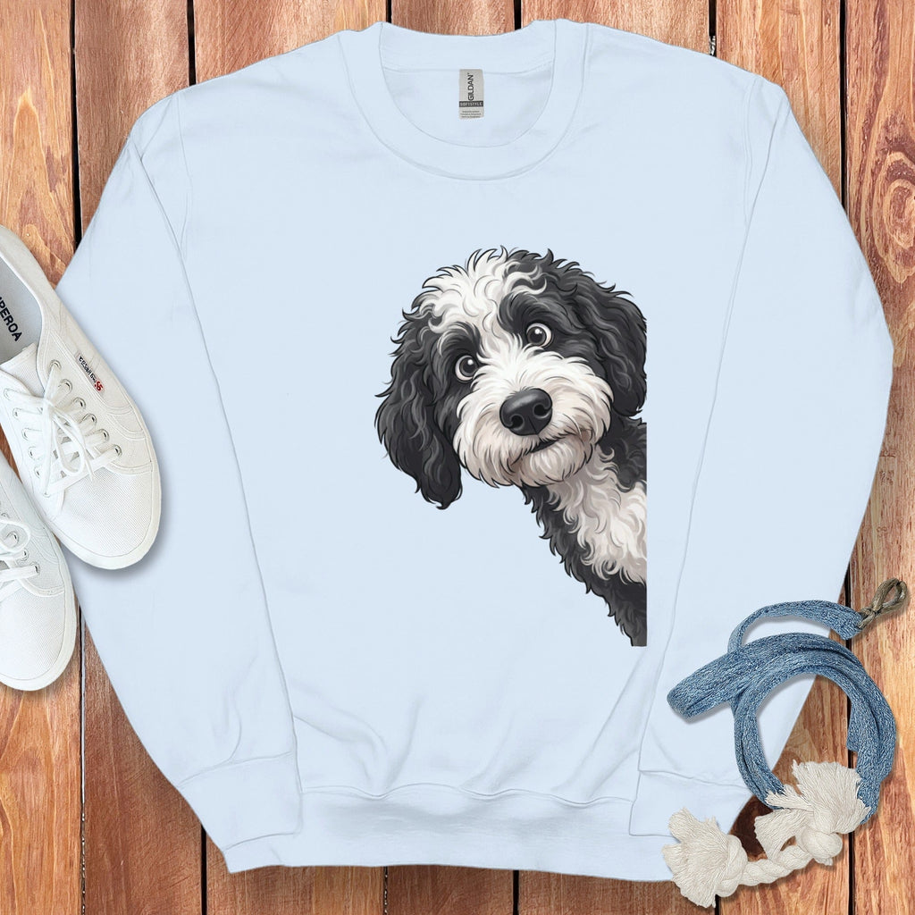 Funny Sheepadoodle Peeking Sweatshirt in Light Blue / S by Puppy Jo