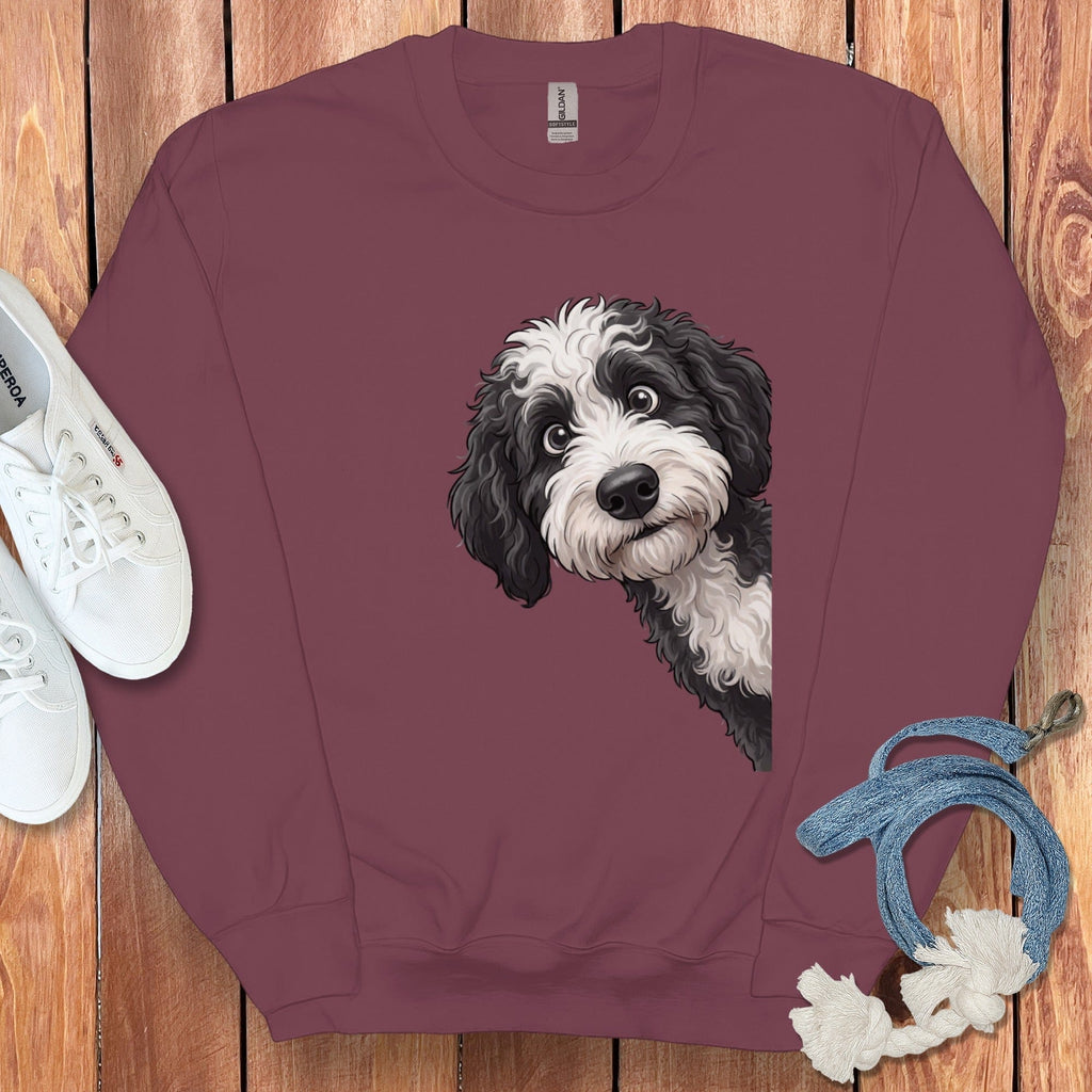 Funny Sheepadoodle Peeking Sweatshirt in Maroon / S by Puppy Jo