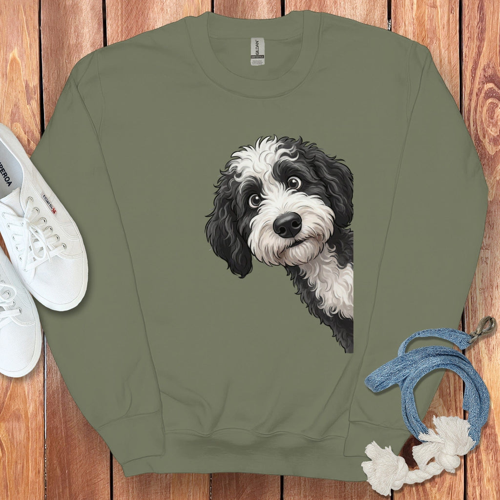 Funny Sheepadoodle Peeking Sweatshirt in Military Green / S by Puppy Jo