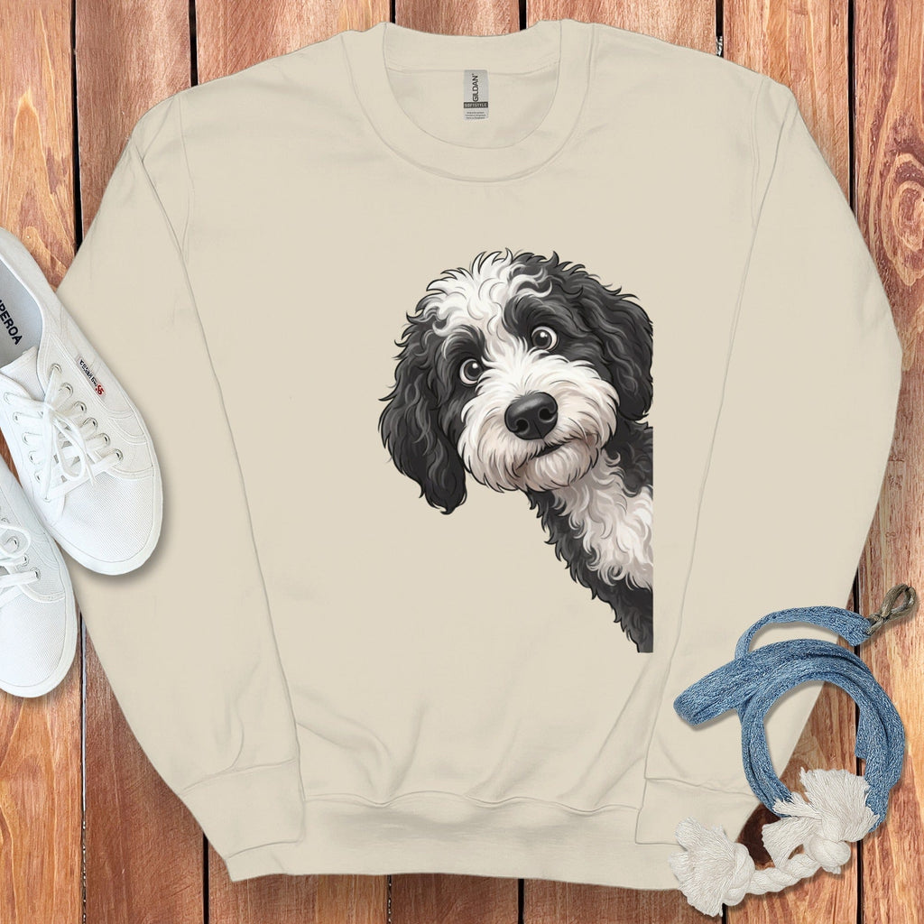 Funny Sheepadoodle Peeking Sweatshirt in Sand / S by Puppy Jo