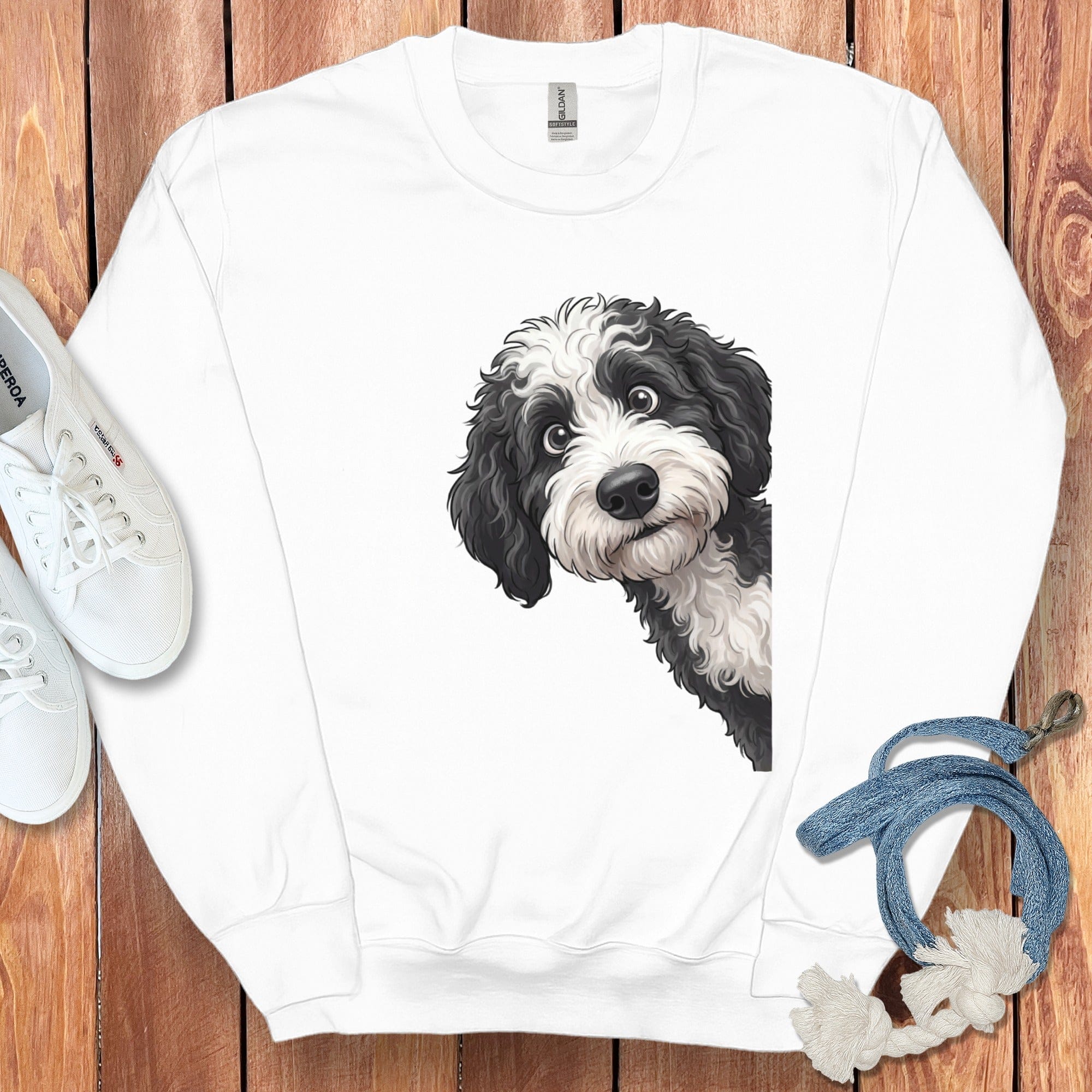 Funny Sheepadoodle Peeking Sweatshirt in White / S by Puppy Jo