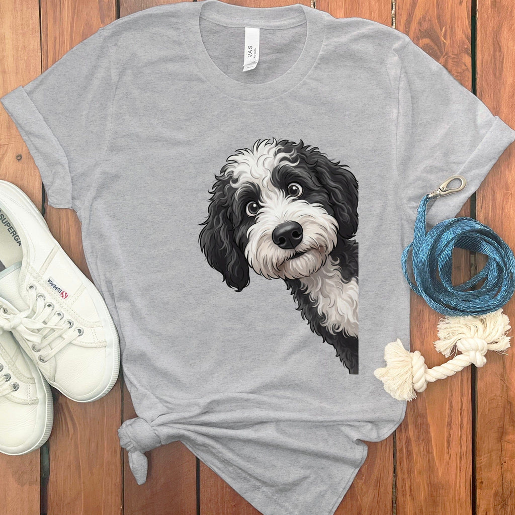 Funny Sheepadoodle Peeking T-Shirt in Athletic Heather / S by Puppy Jo