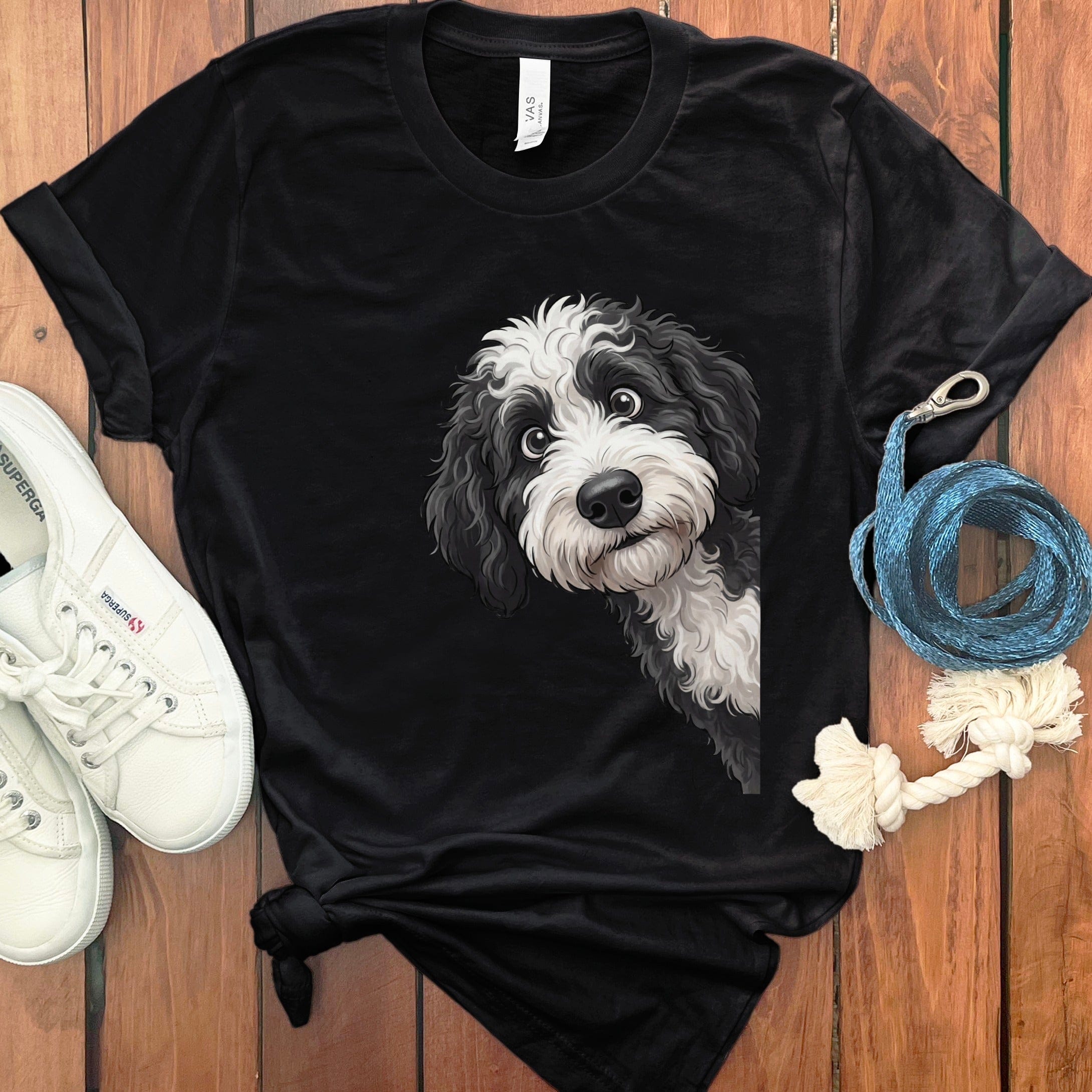 Funny Sheepadoodle Peeking T-Shirt in Black / S by Puppy Jo