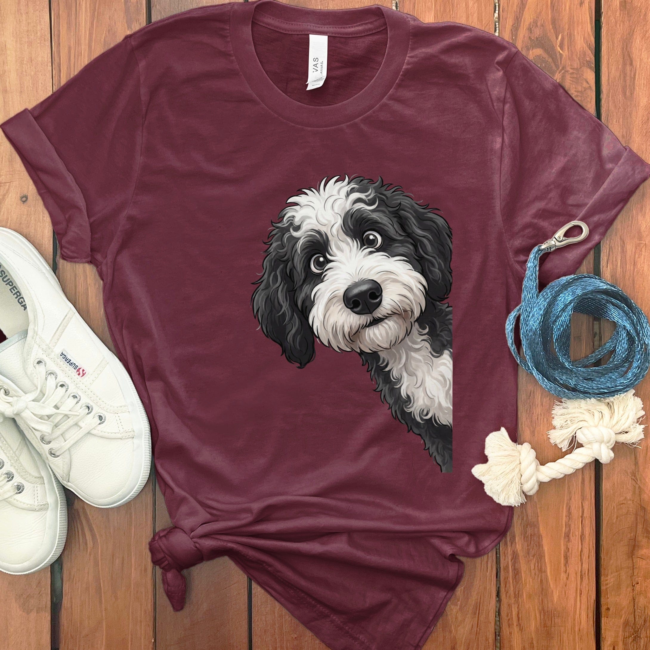 Funny Sheepadoodle Peeking T-Shirt in Maroon / S by Puppy Jo
