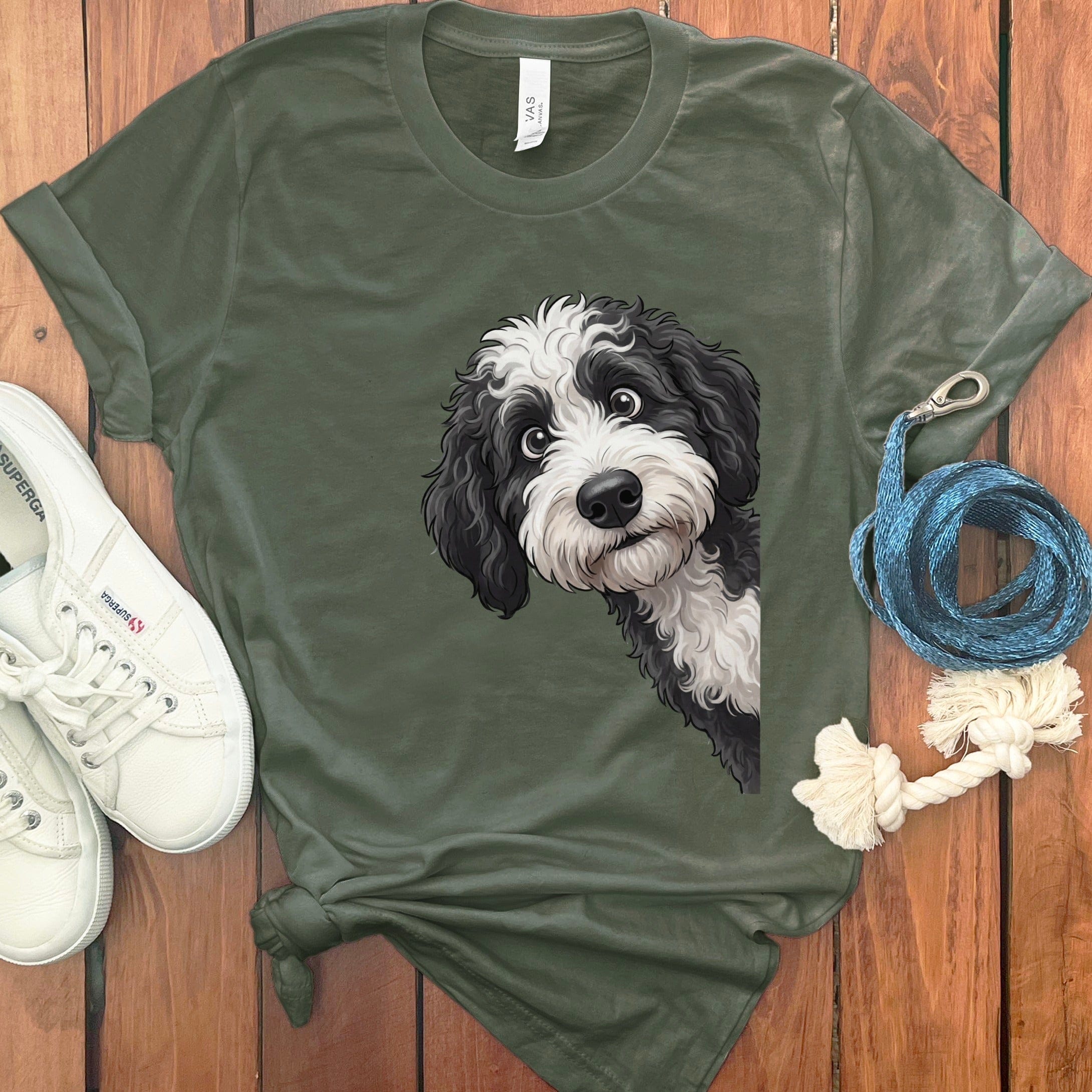 Funny Sheepadoodle Peeking T-Shirt in Military Green / S by Puppy Jo