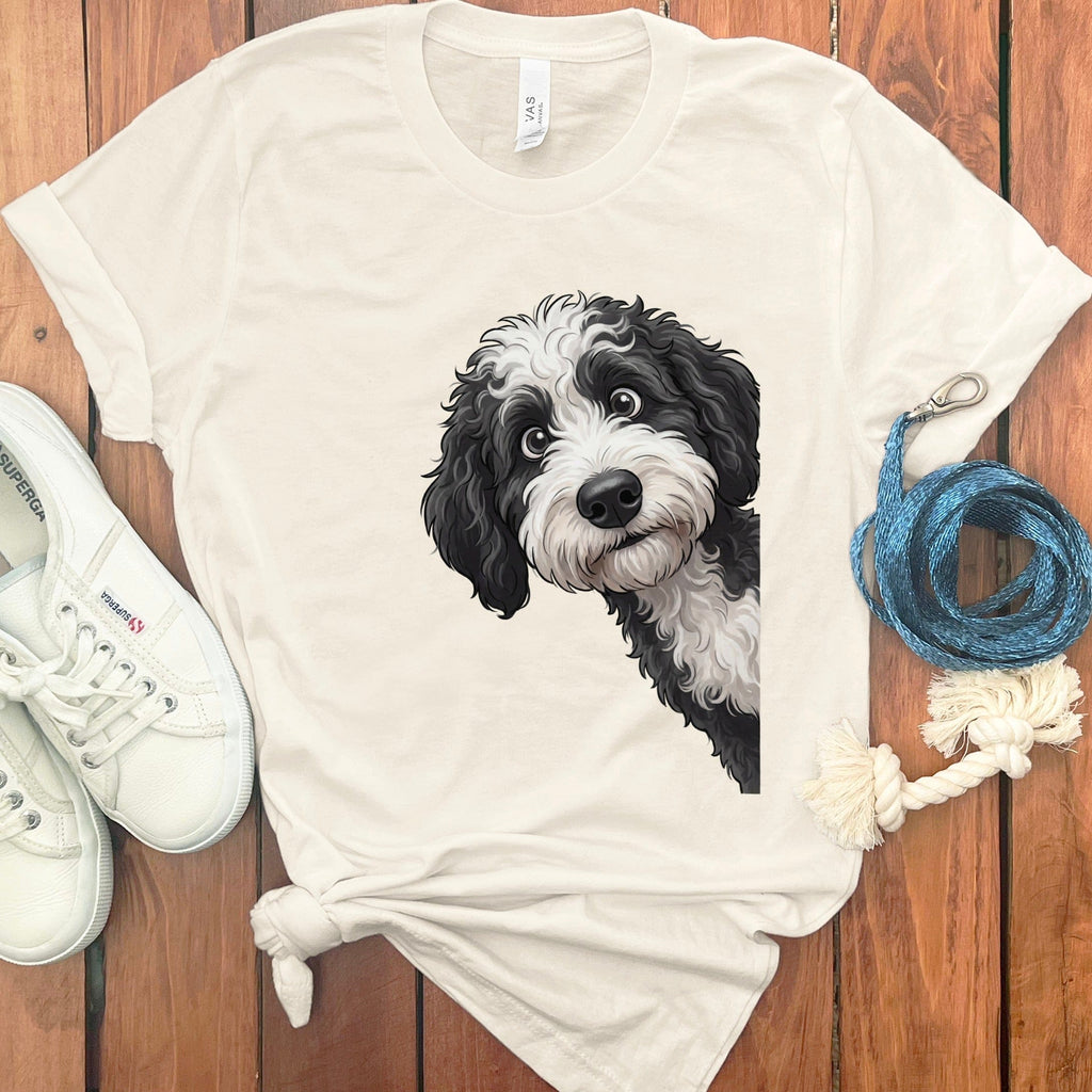 Funny Sheepadoodle Peeking T-Shirt in Natural / S by Puppy Jo