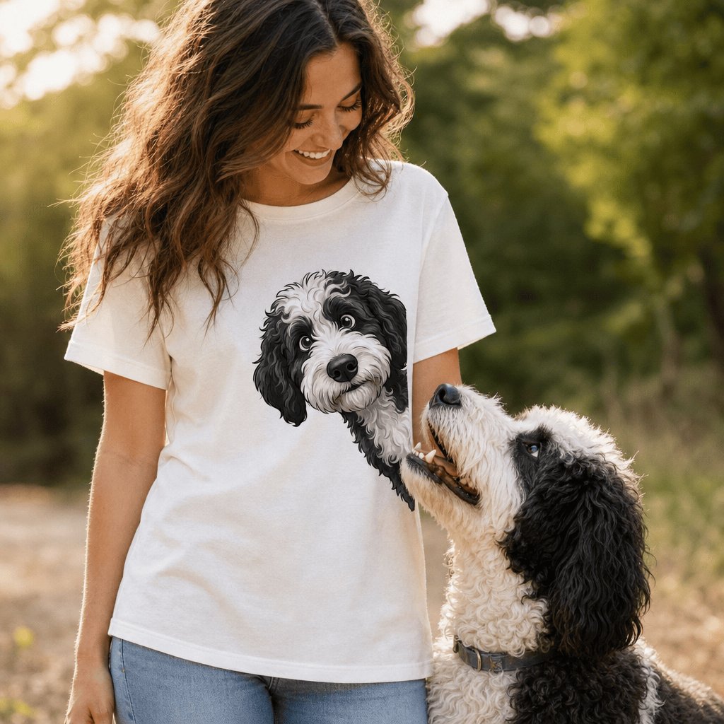 Funny Sheepadoodle Peeking T-Shirt in by Puppy Jo