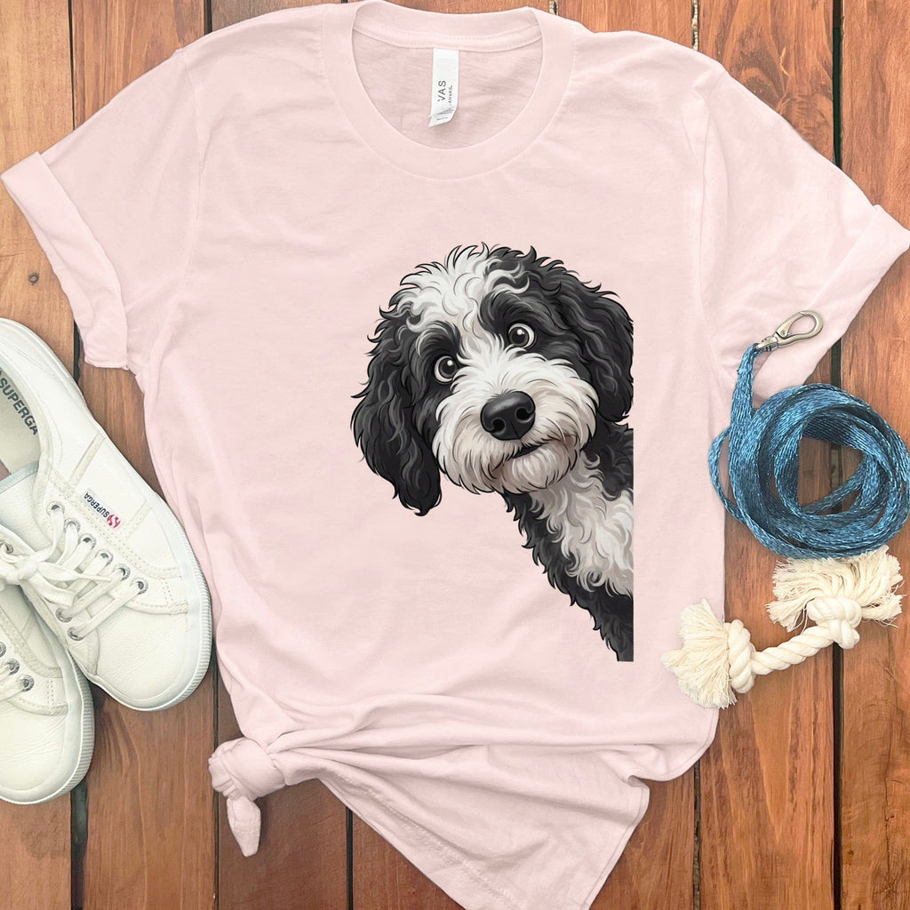 Funny Sheepadoodle Peeking T-Shirt in Soft Pink / S by Puppy Jo