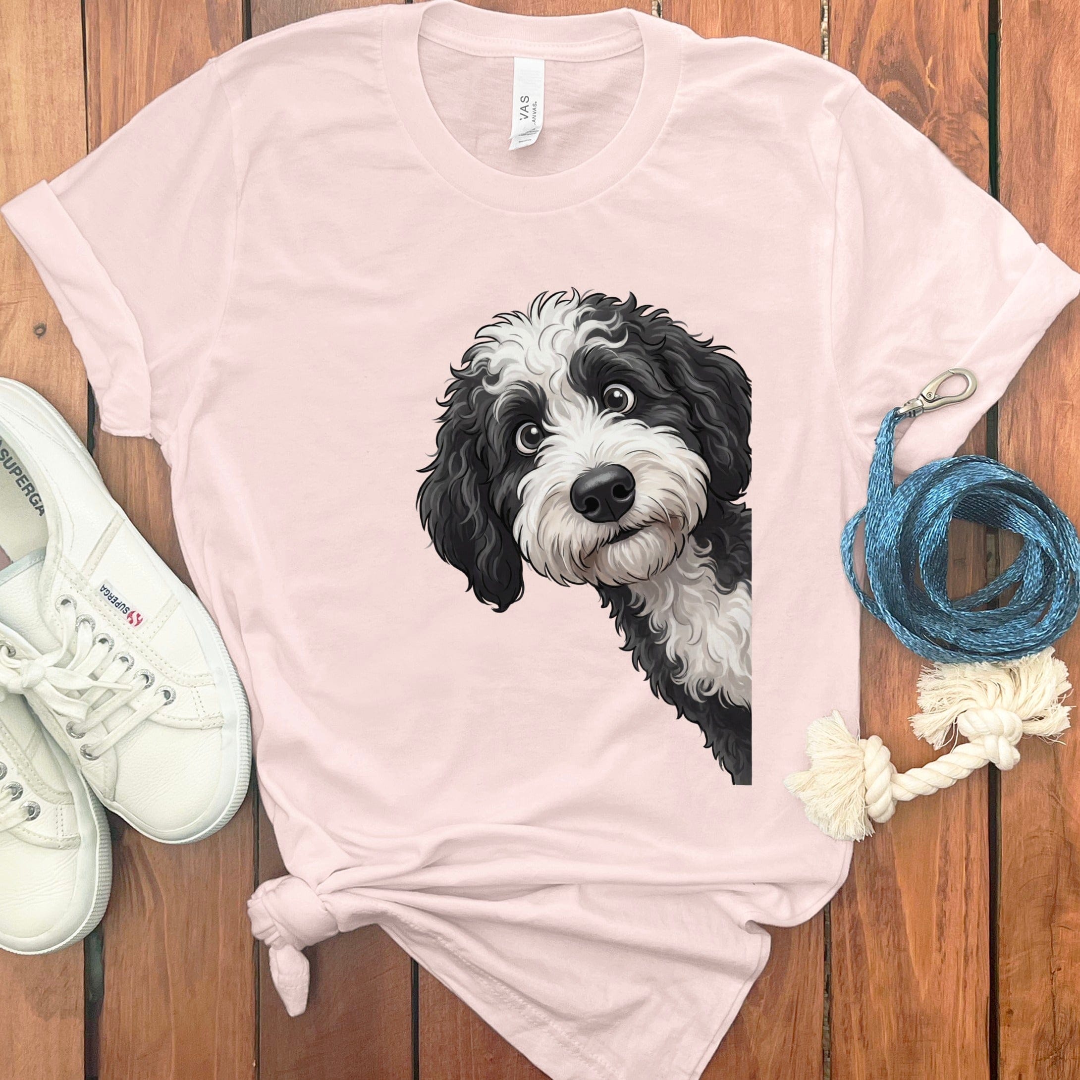 Funny Sheepadoodle Peeking T-Shirt in Soft Pink / S by Puppy Jo