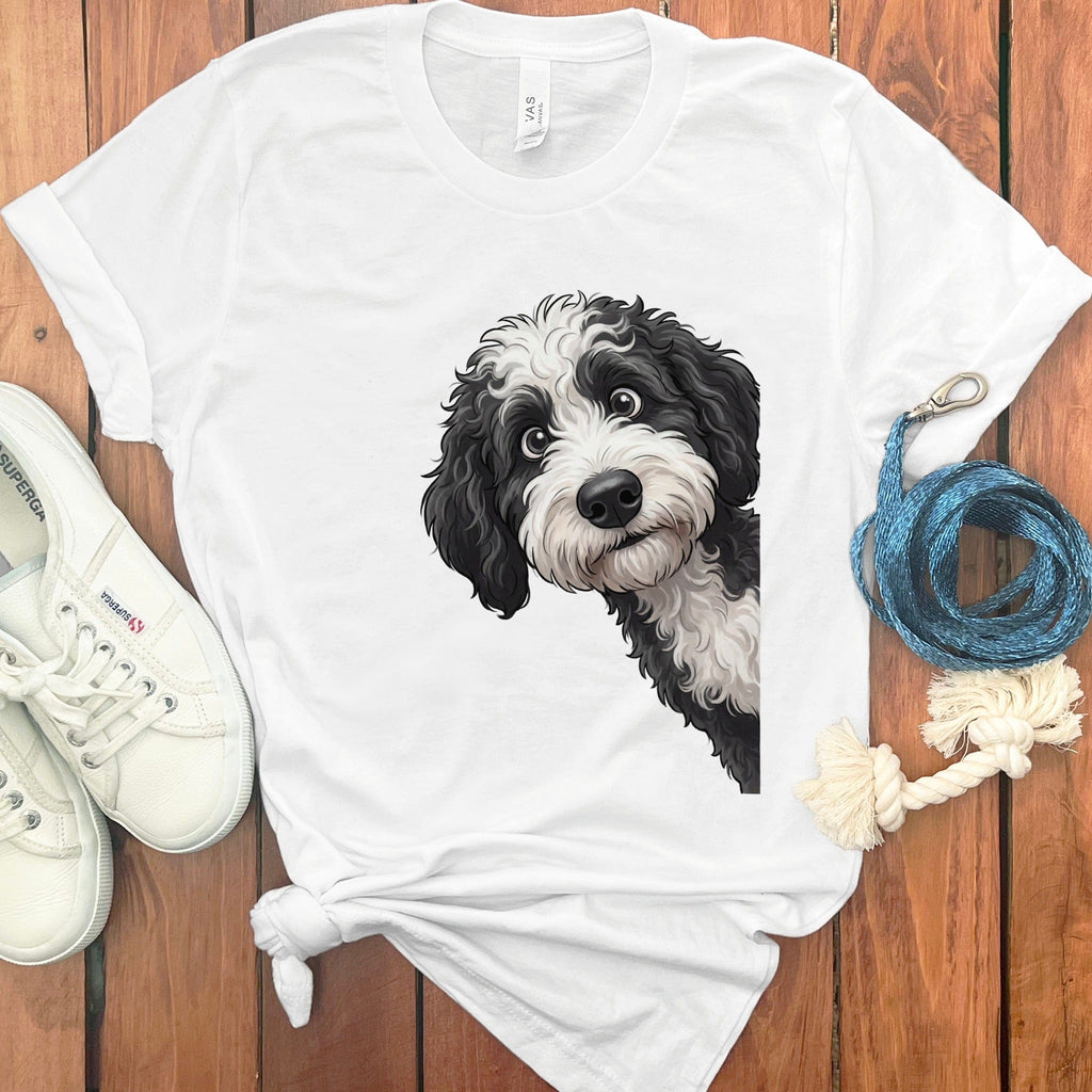 Funny Sheepadoodle Peeking T-Shirt in White / S by Puppy Jo