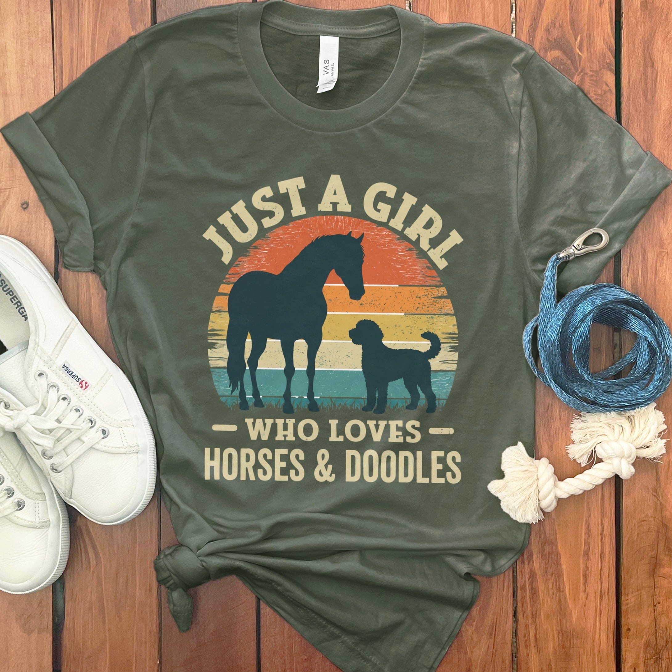Girl Horses Doodles T-Shirt in Military Green / S by Puppy Jo