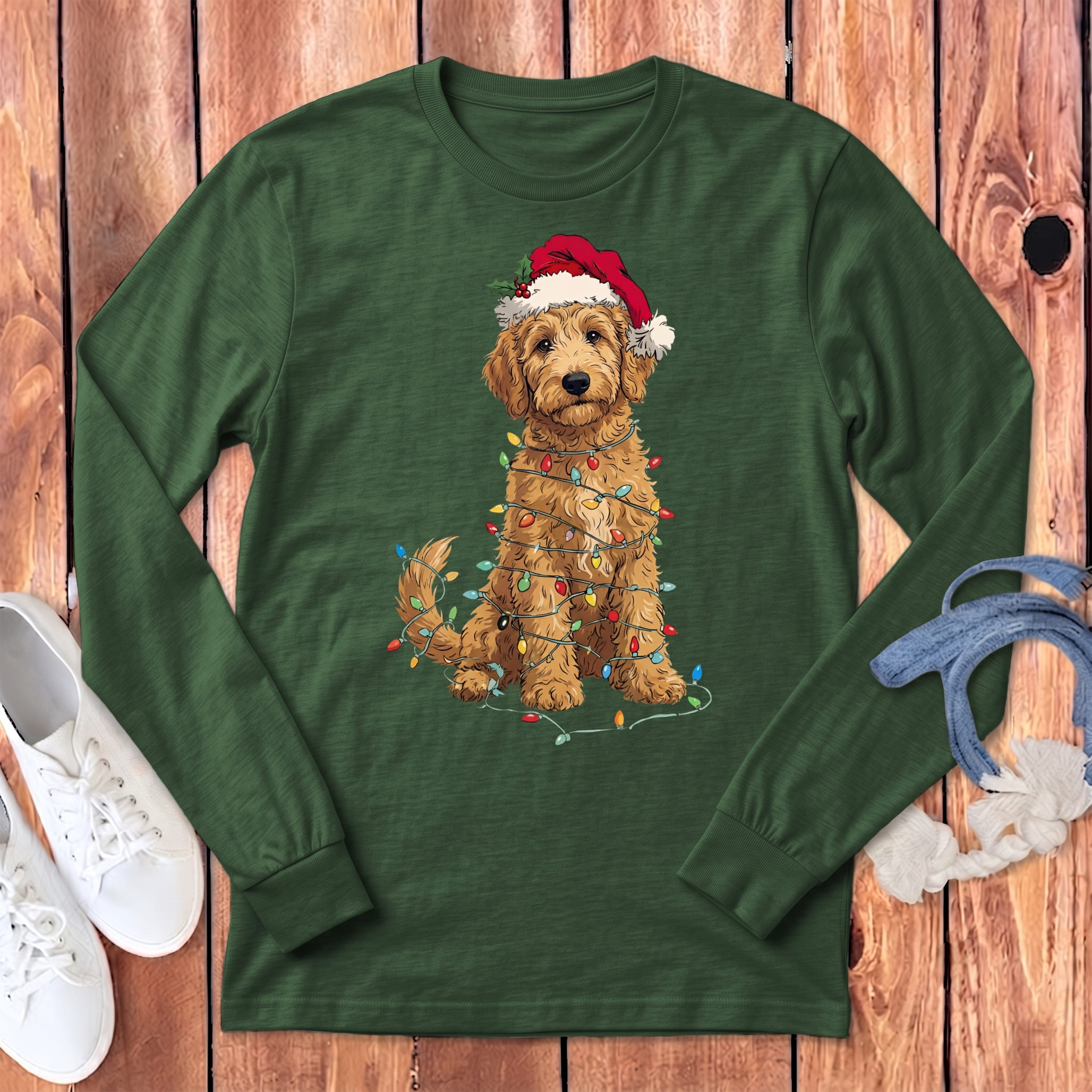 Golddendoodle Holiday Long Sleeve T-Shirt in Heather Forest / S by Puppy Jo