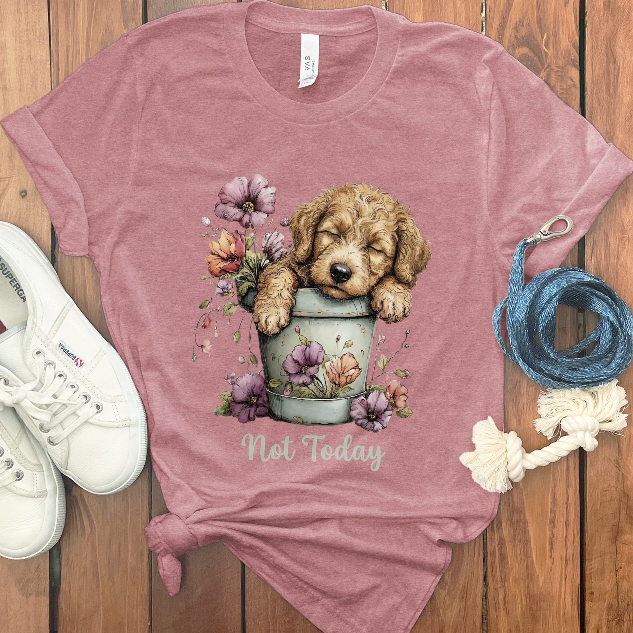 Golden Doodle Flower Pot T-Shirt in Heather Mauve / S by Puppy Jo
