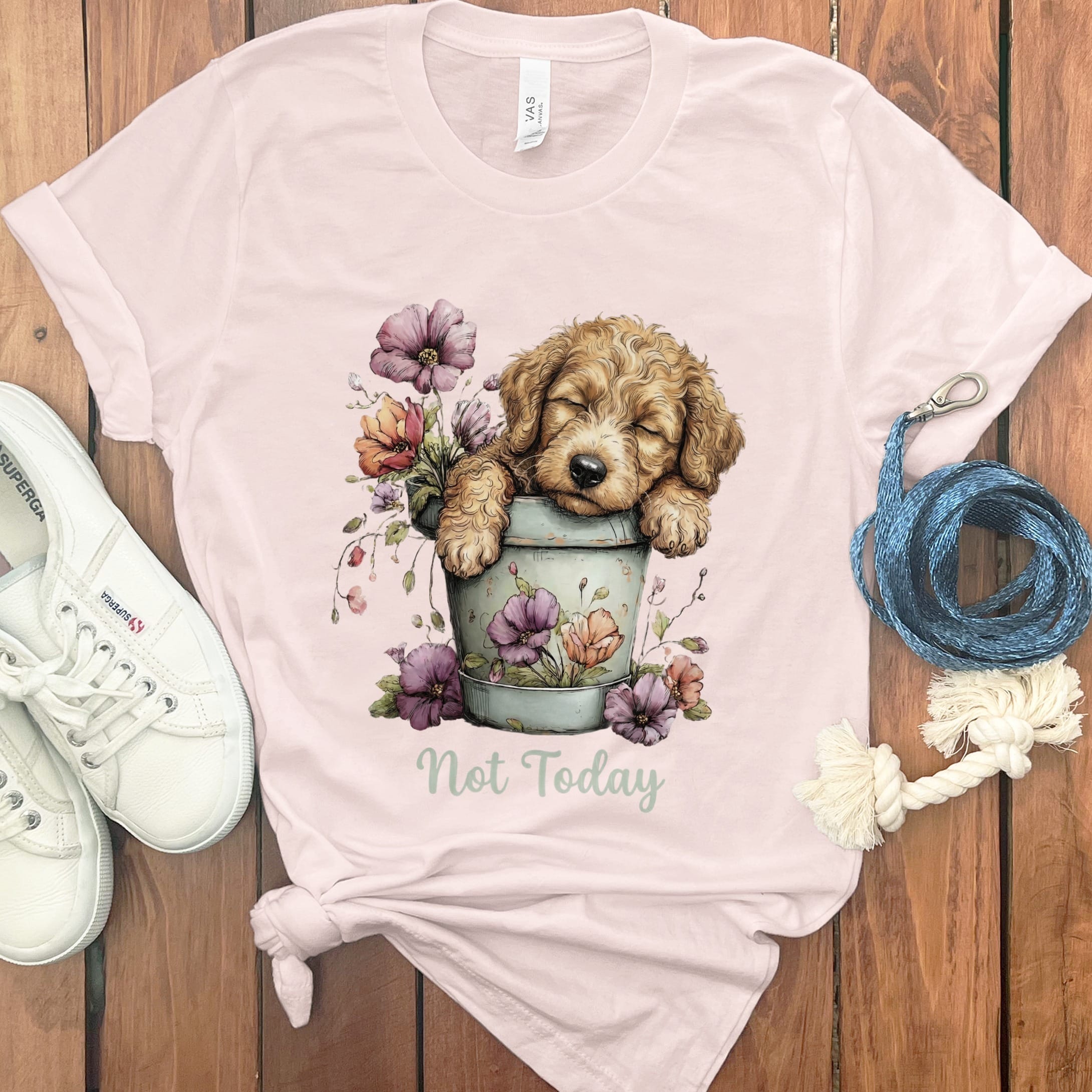 Golden Doodle Flower Pot T-Shirt in Soft Pink / S by Puppy Jo