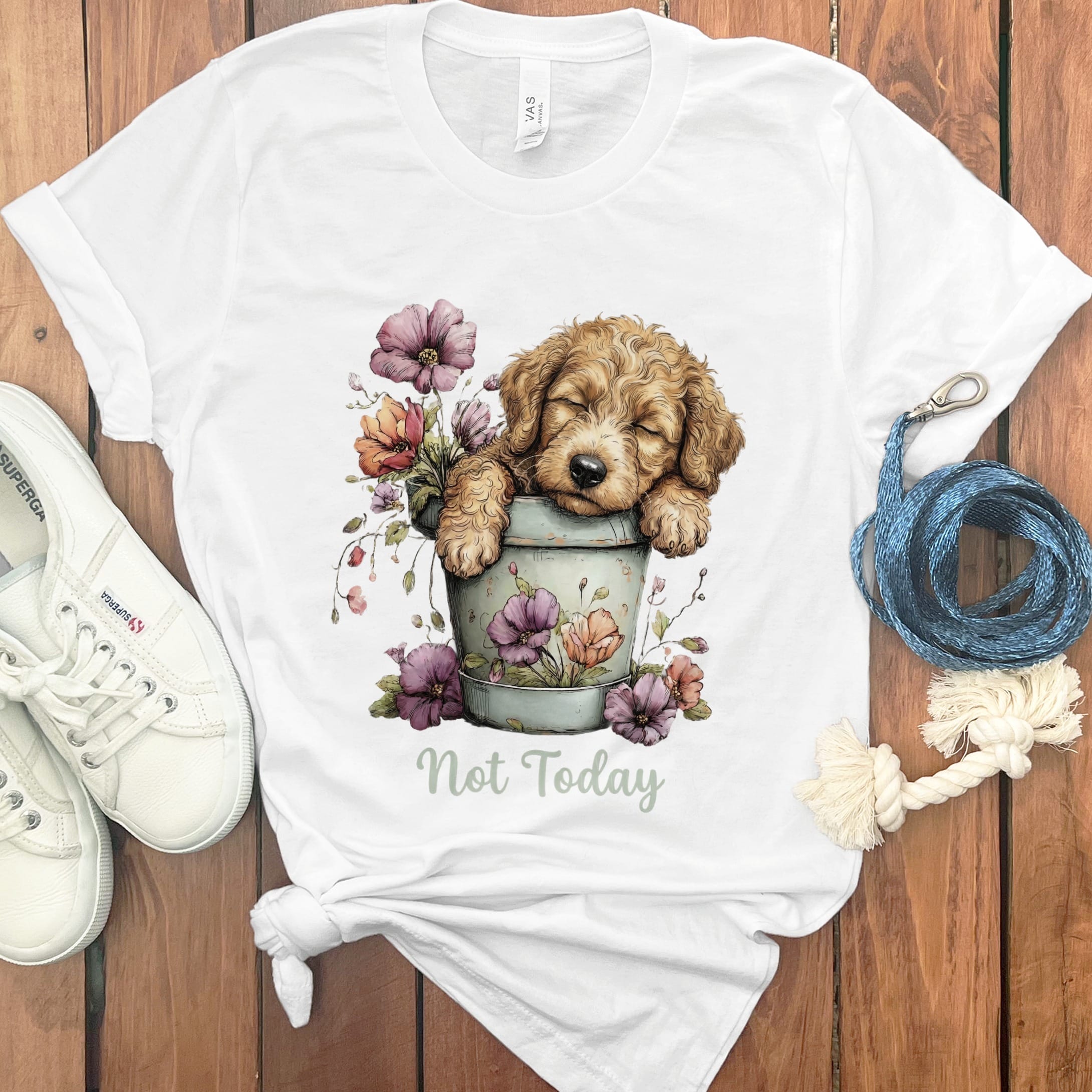 Golden Doodle Flower Pot T-Shirt in White / S by Puppy Jo
