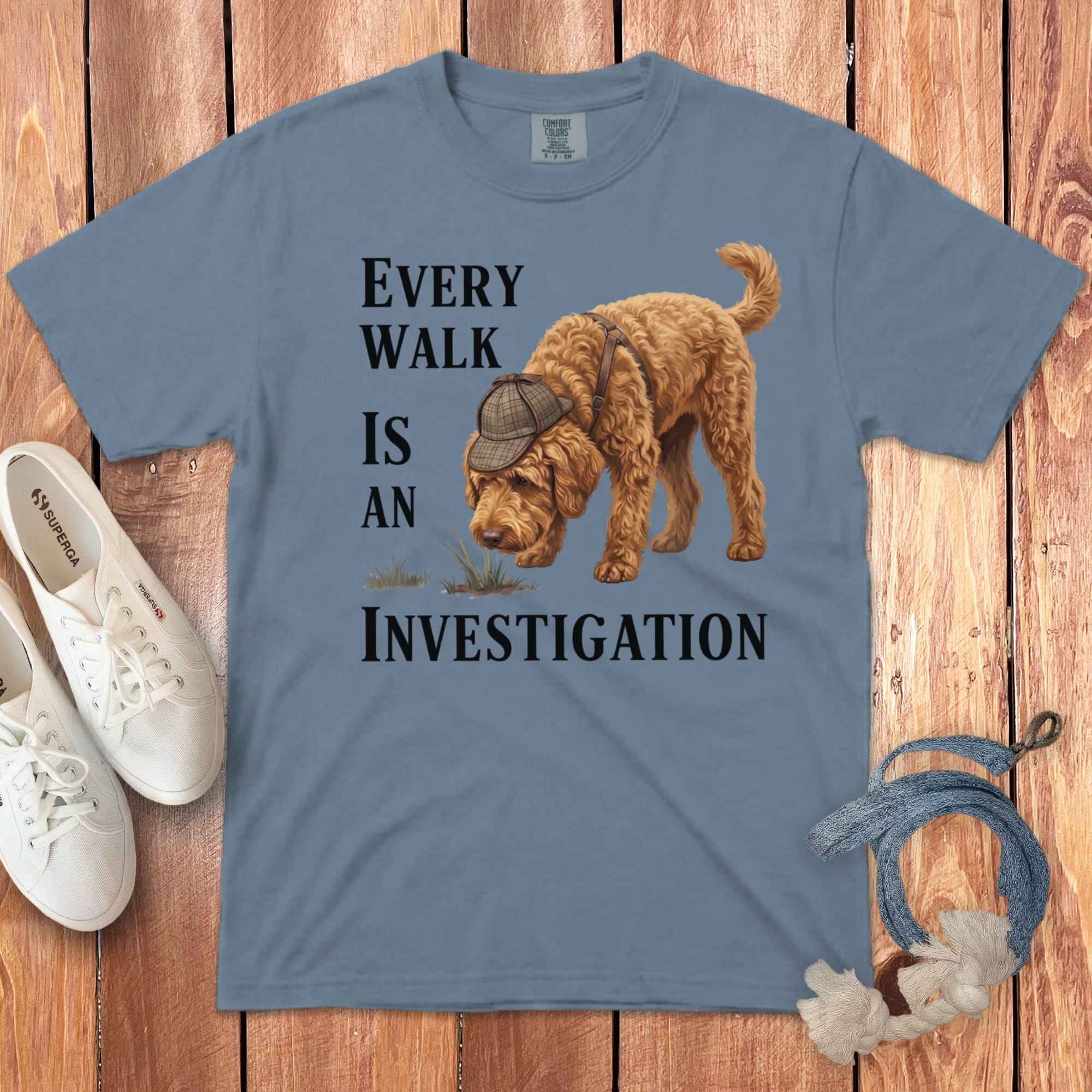 Golden Doodle Investigation Signature T-Shirt in Blue Jean / M by Puppy Jo
