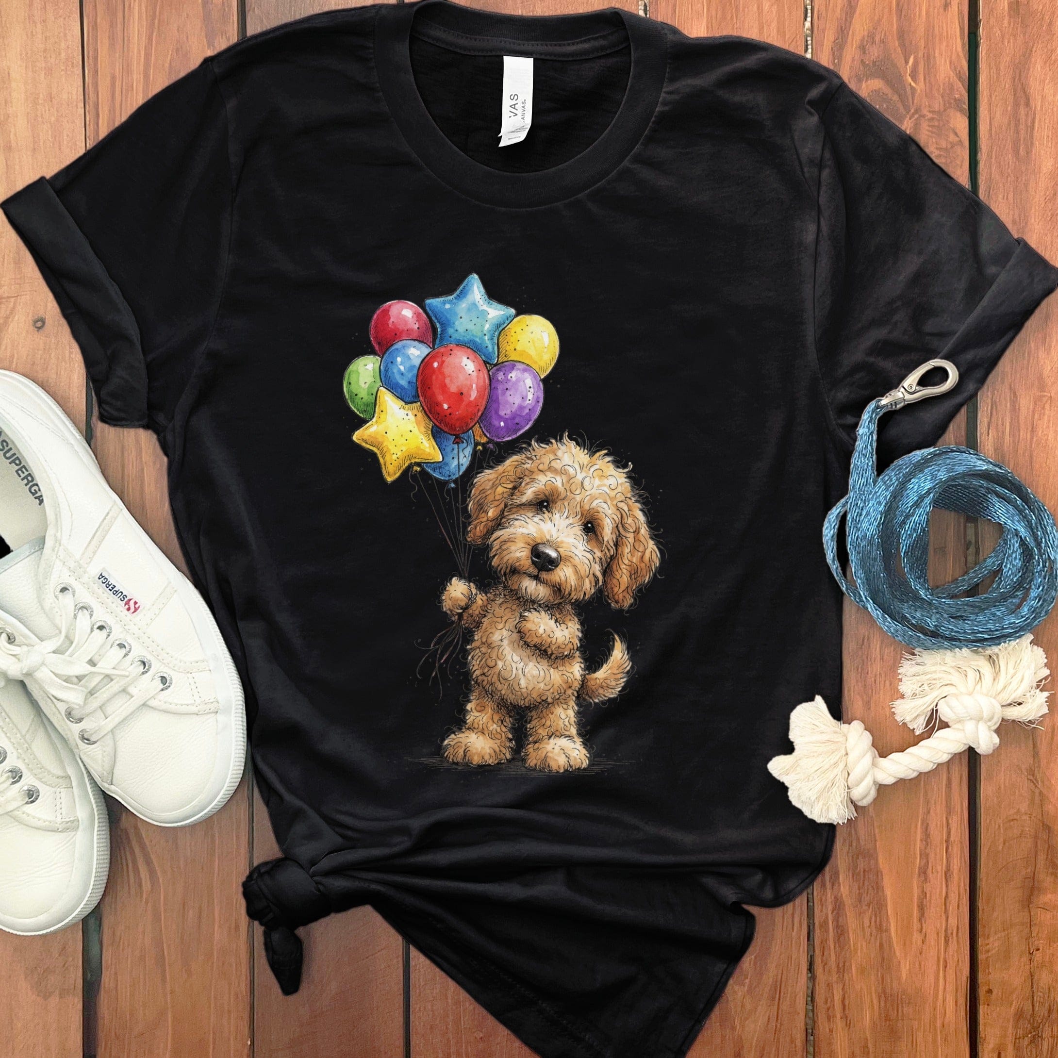 Golden Goldendoodle Balloons T-Shirt in Black / M by Puppy Jo