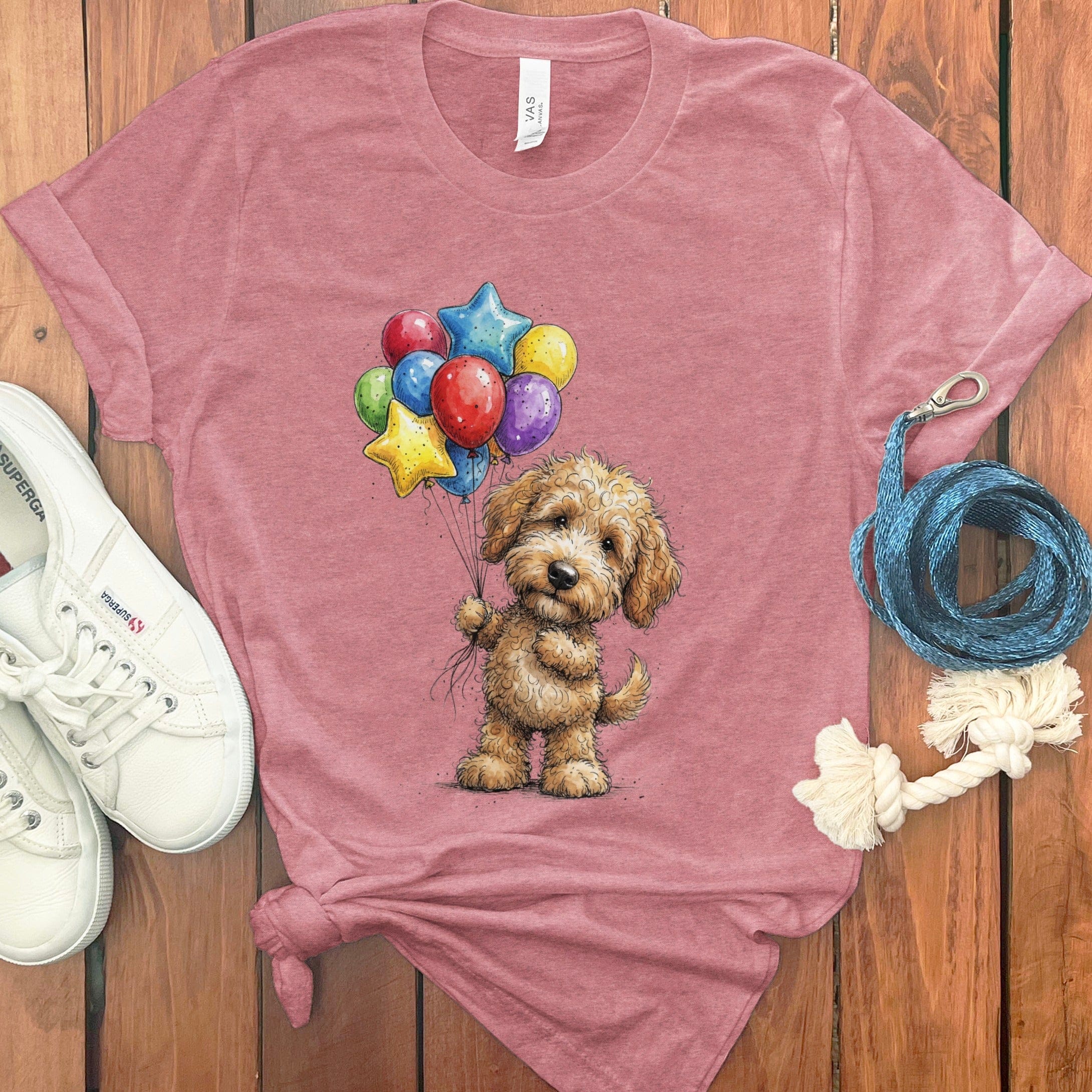 Golden Goldendoodle Balloons T-Shirt in Heather Mauve / M by Puppy Jo