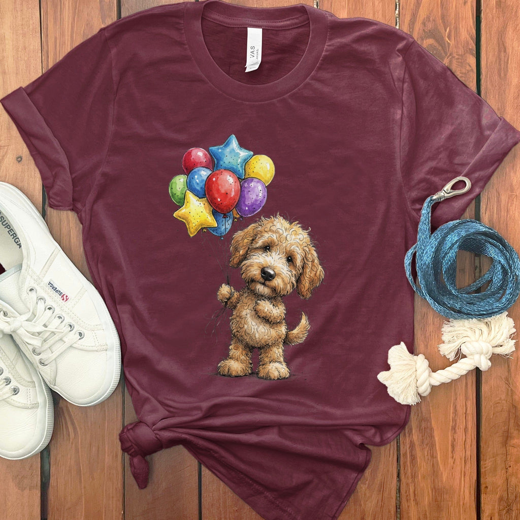 Golden Goldendoodle Balloons T-Shirt in Maroon / M by Puppy Jo