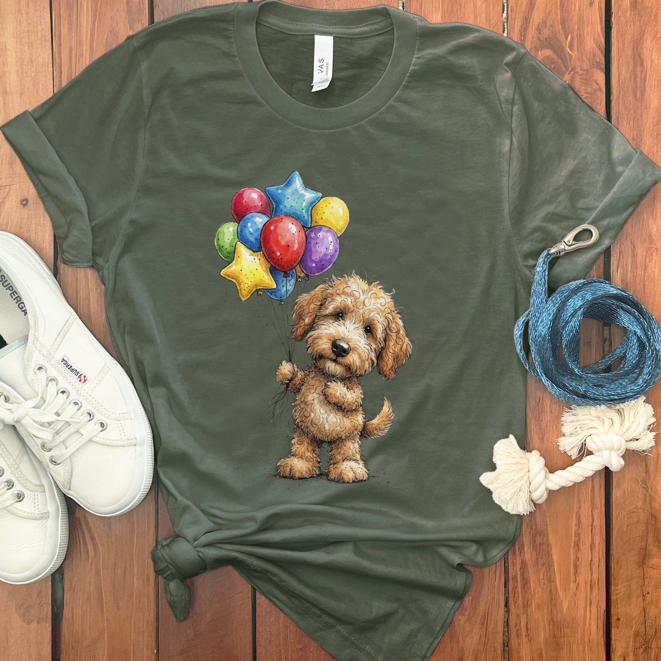 Golden Goldendoodle Balloons T-Shirt in Military Green / M by Puppy Jo