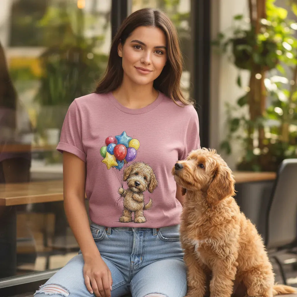 Golden Goldendoodle Balloons T-Shirt in by Puppy Jo