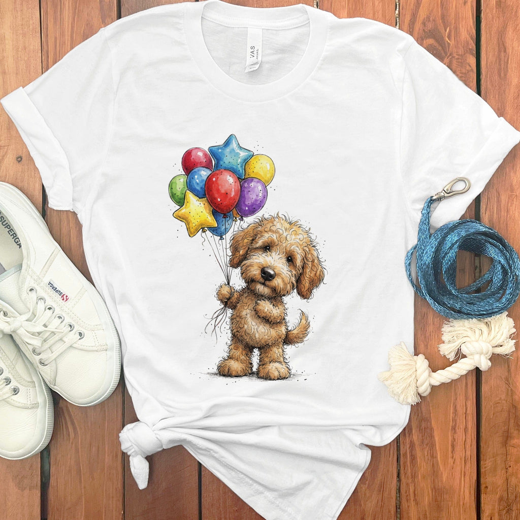 Golden Goldendoodle Balloons T-Shirt in White / M by Puppy Jo