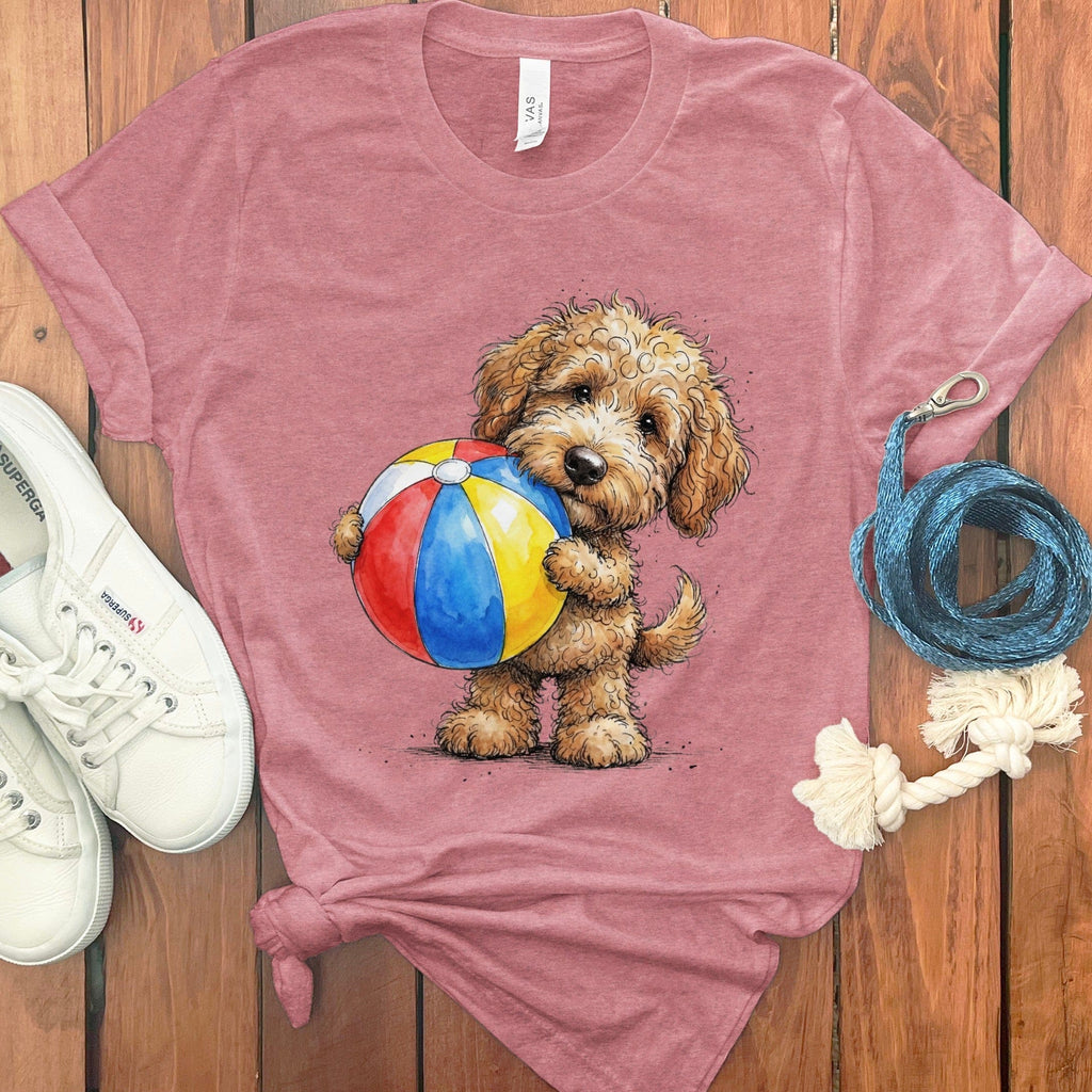 Golden Goldendoodle Beach Time T-Shirt in Heather Mauve / M by Puppy Jo