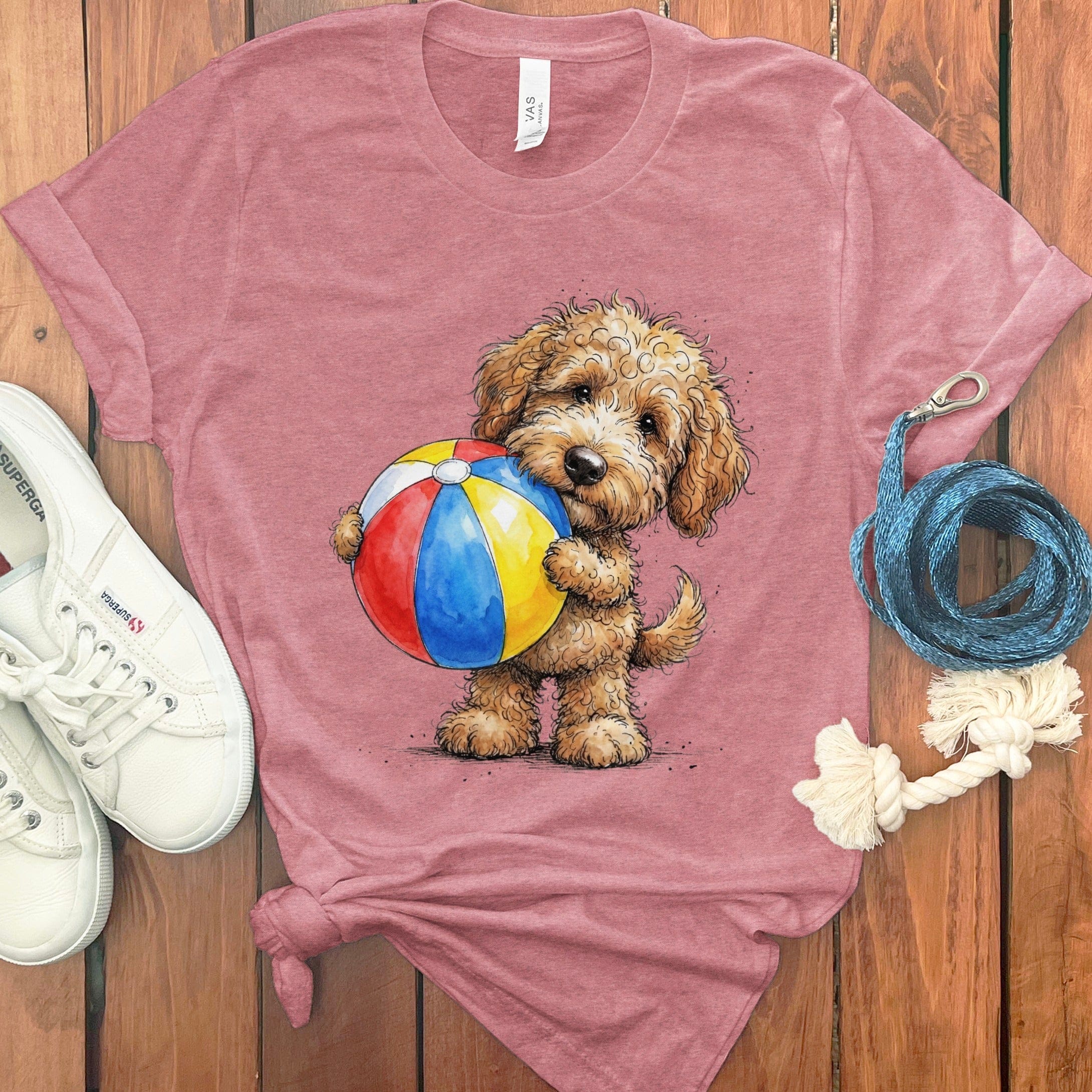 Golden Goldendoodle Beach Time T-Shirt in Heather Mauve / M by Puppy Jo