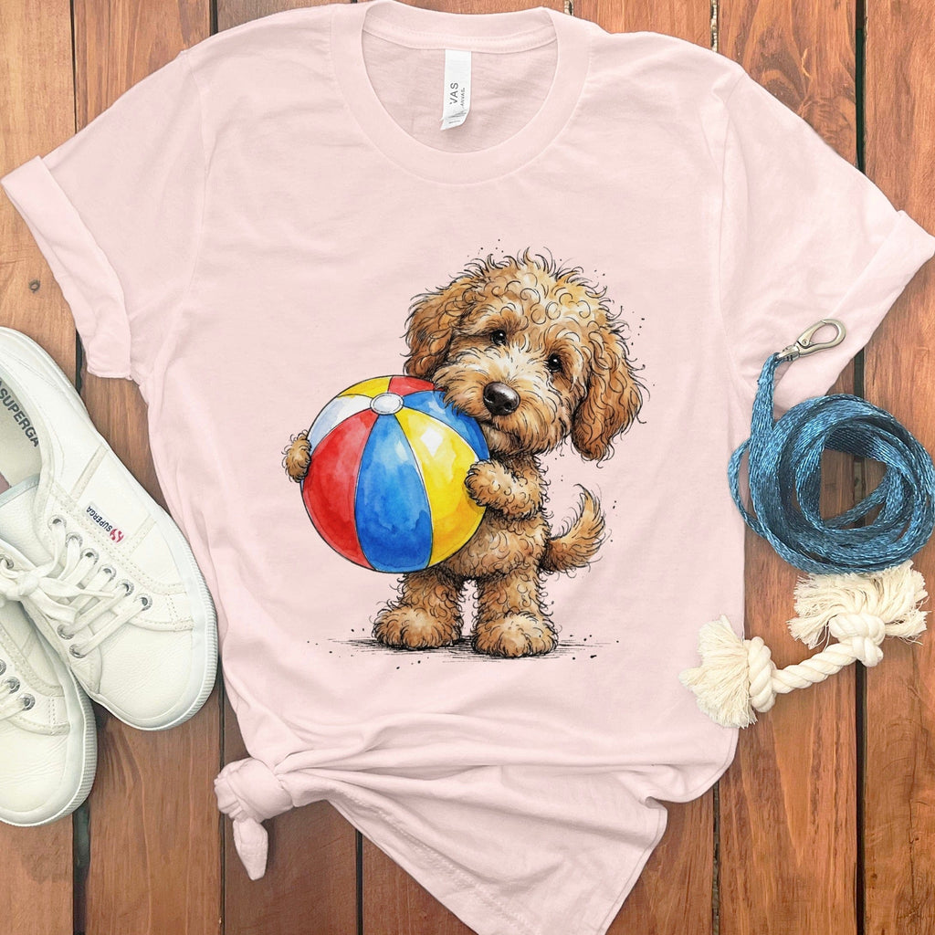 Golden Goldendoodle Beach Time T-Shirt in Soft Pink / M by Puppy Jo