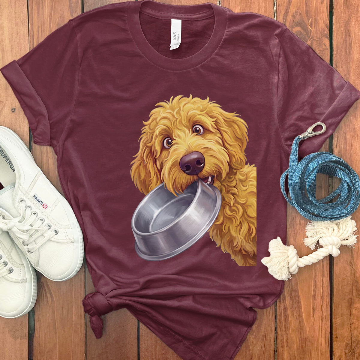 Golden Goldendoodle Bowl T-Shirt in S / Maroon by Puppy Jo
