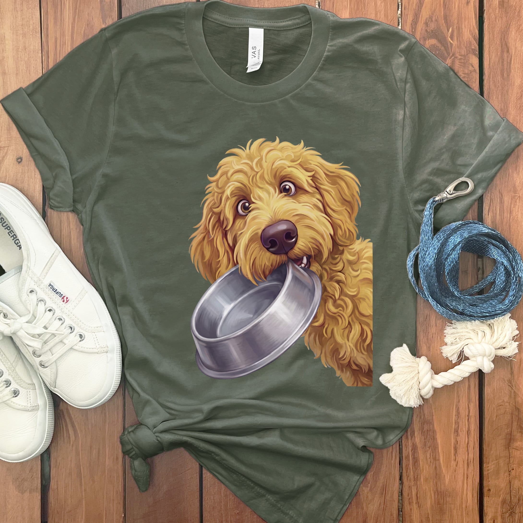 Golden Goldendoodle Bowl T-Shirt in S / Military Green by Puppy Jo