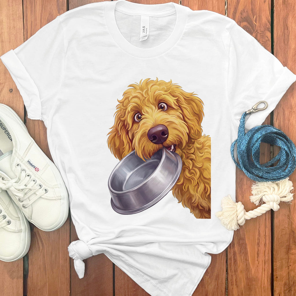 Golden Goldendoodle Bowl T-Shirt in S / White by Puppy Jo
