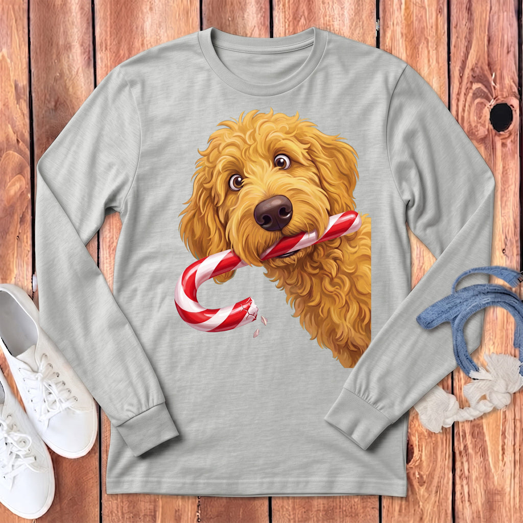 Golden Goldendoodle Candy Cane Thief Long Sleeve T-Shirt in Athletic Heather / S by Puppy Jo