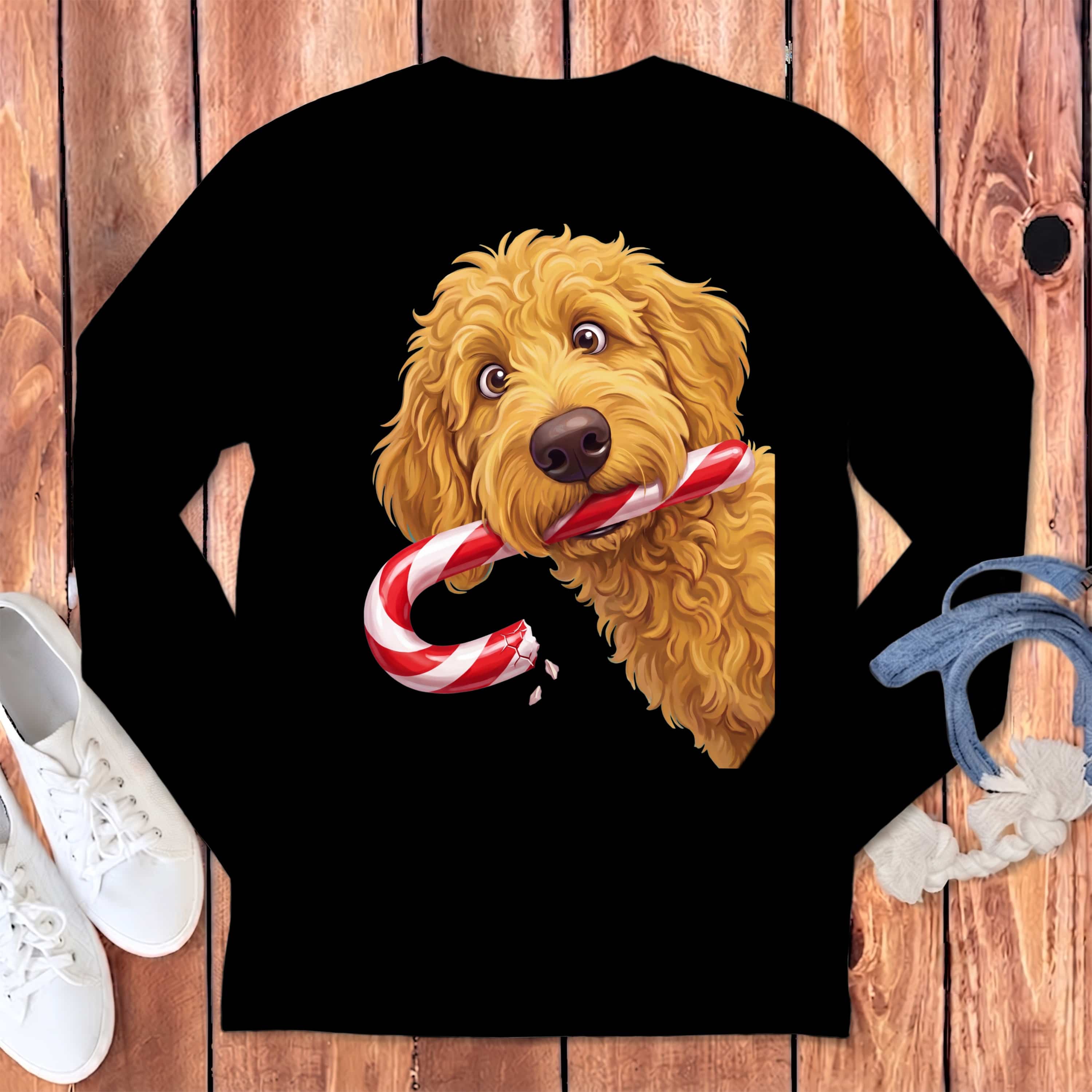 Golden Goldendoodle Candy Cane Thief Long Sleeve T-Shirt in Black / S by Puppy Jo