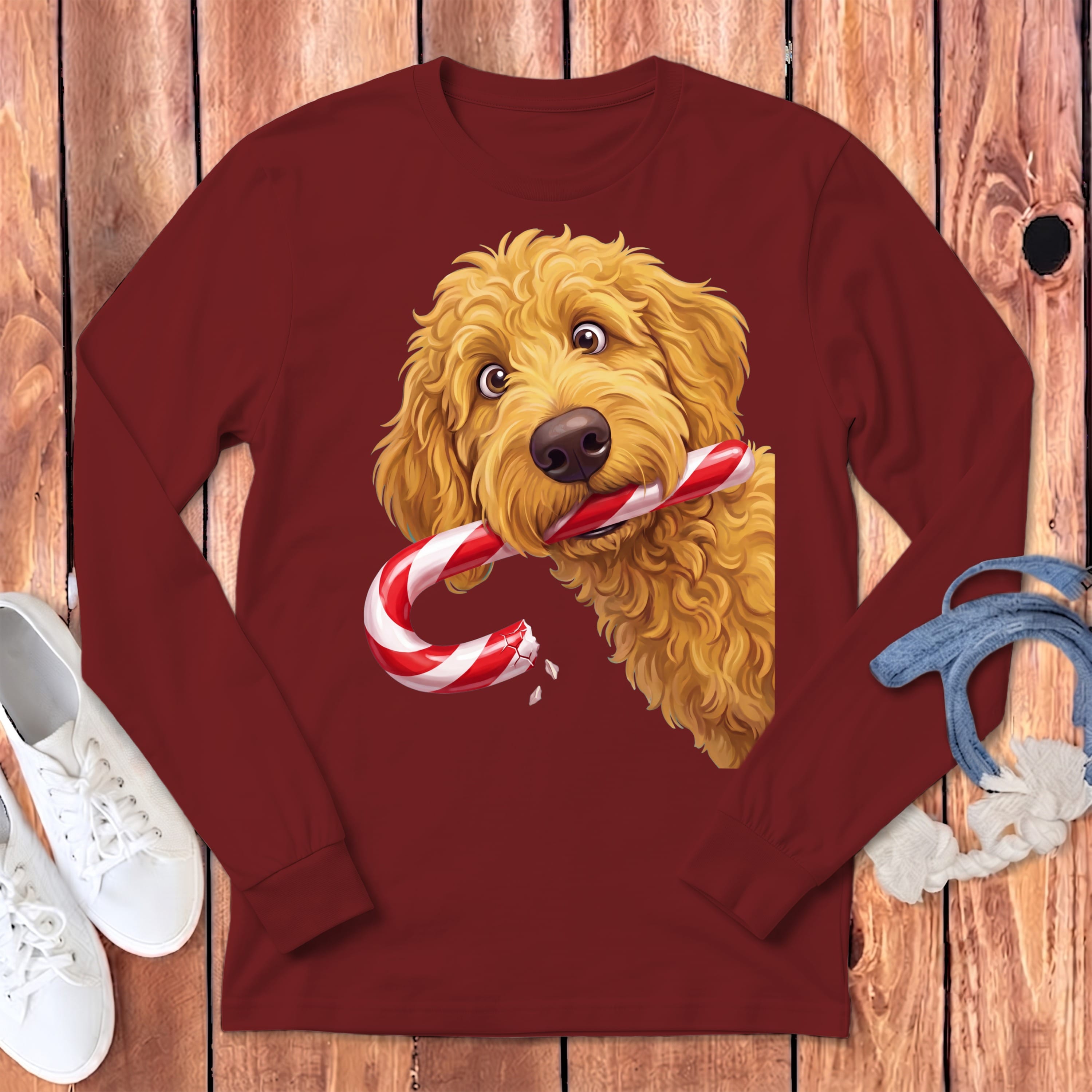 Golden Goldendoodle Candy Cane Thief Long Sleeve T-Shirt in Cardinal / S by Puppy Jo