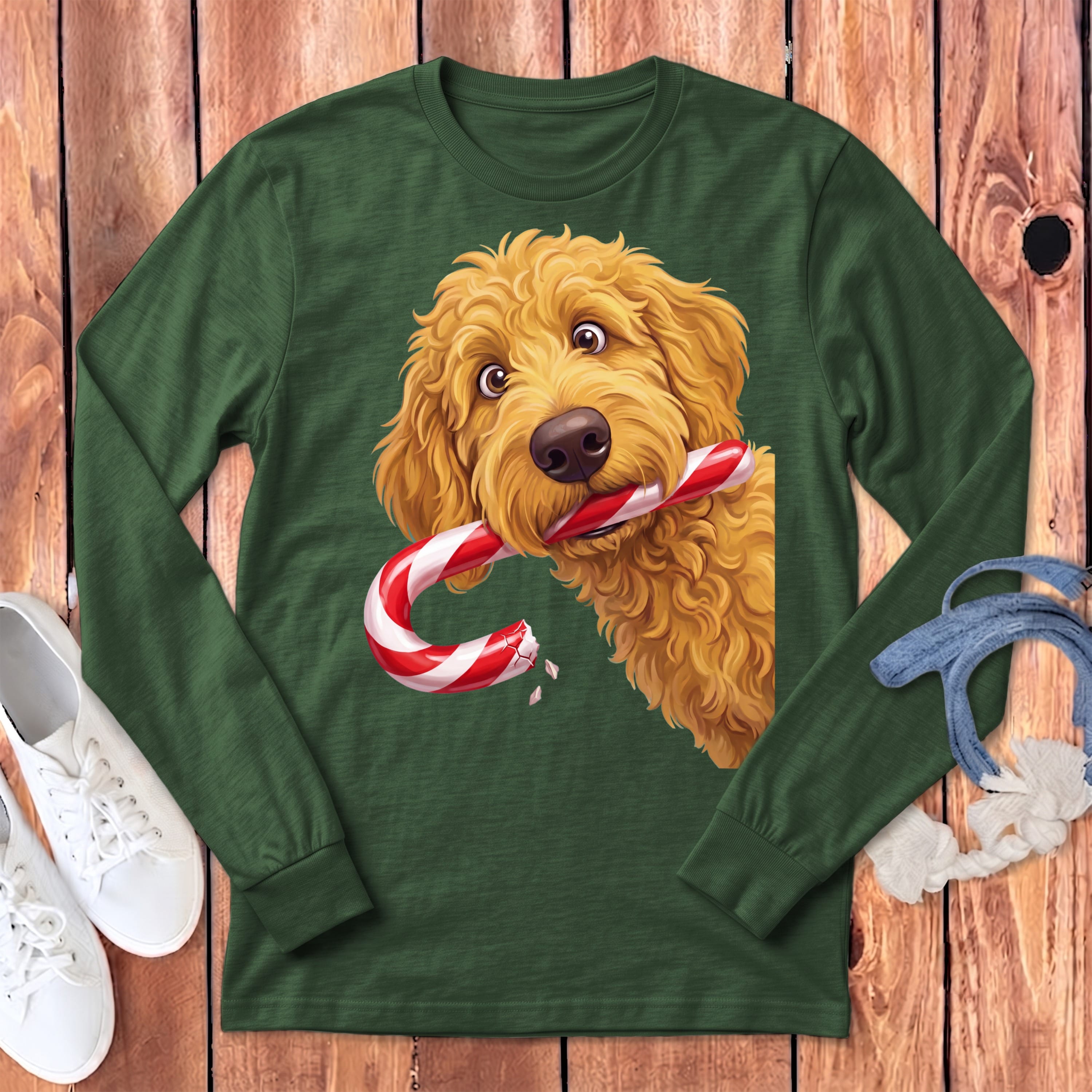 Golden Goldendoodle Candy Cane Thief Long Sleeve T-Shirt in Heather Forest / S by Puppy Jo