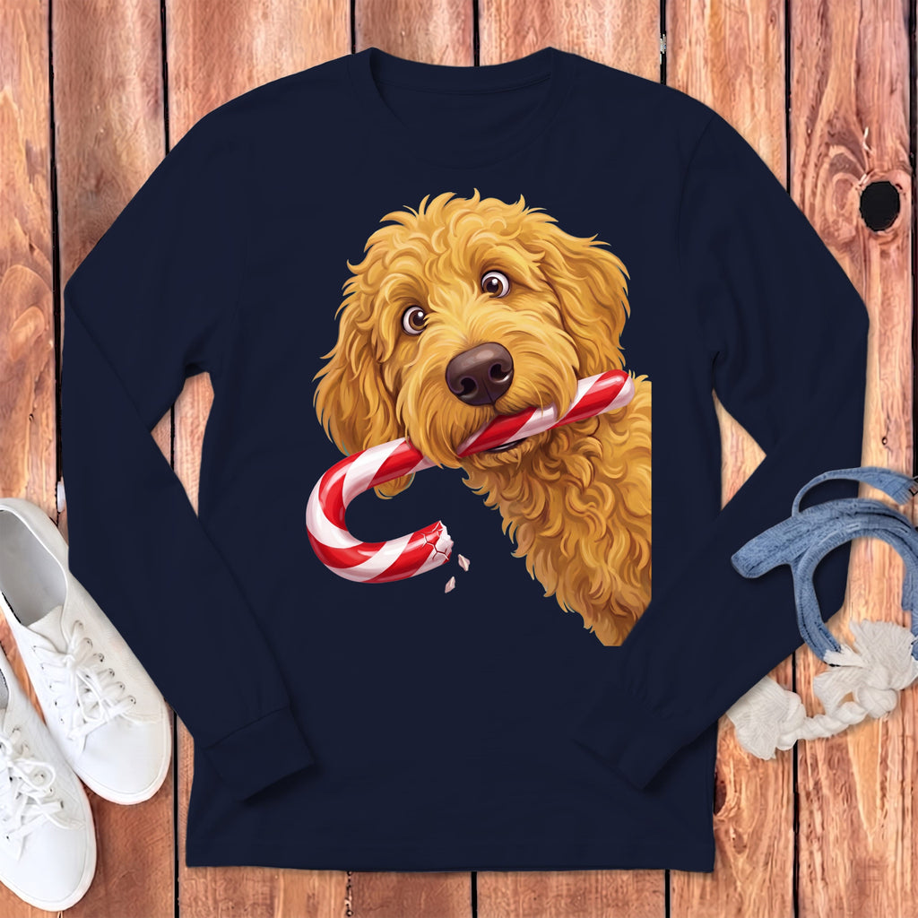 Golden Goldendoodle Candy Cane Thief Long Sleeve T-Shirt in Navy / S by Puppy Jo