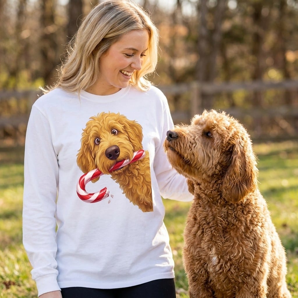 Golden Goldendoodle Candy Cane Thief Long Sleeve T-Shirt in by Puppy Jo
