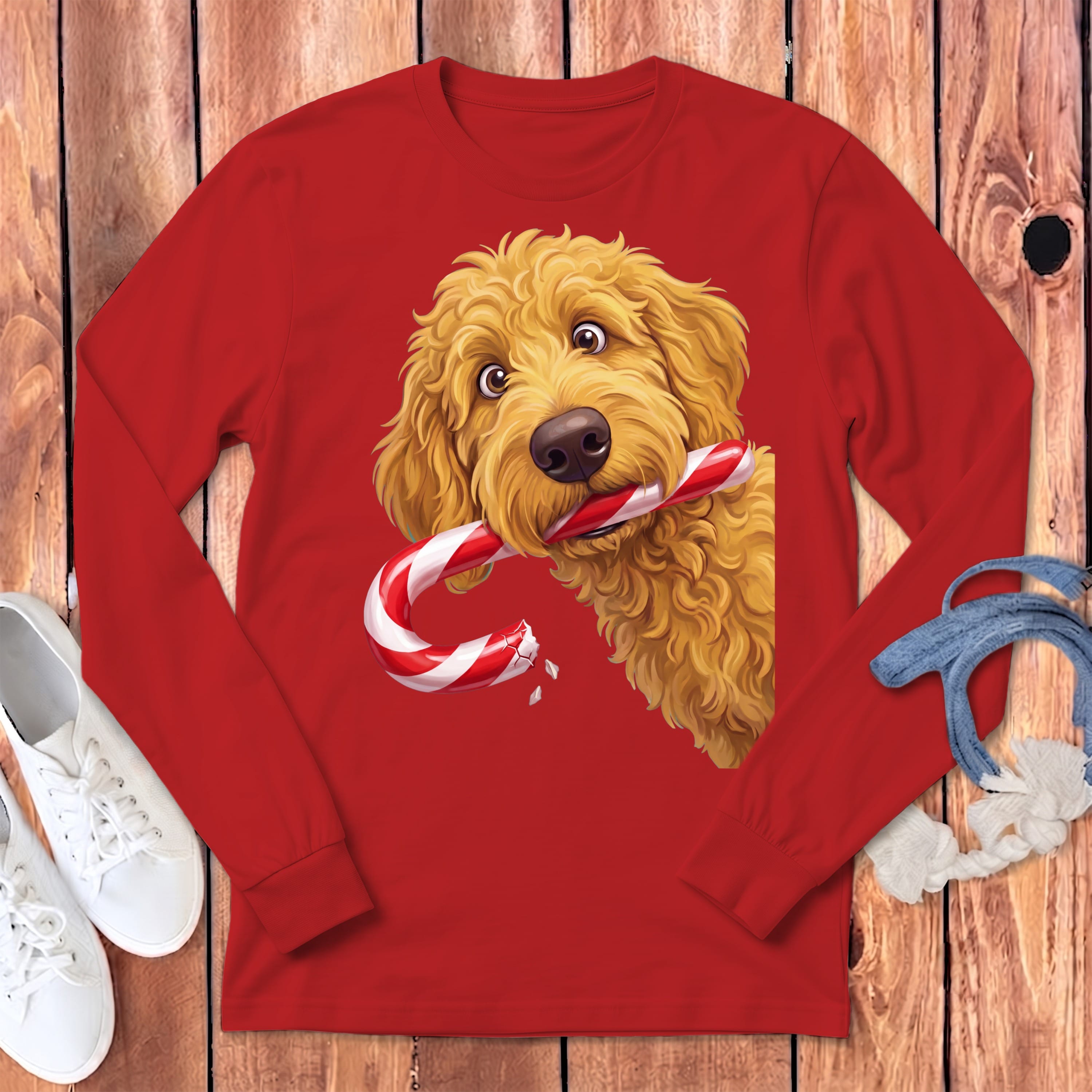 Golden Goldendoodle Candy Cane Thief Long Sleeve T-Shirt in Red / S by Puppy Jo